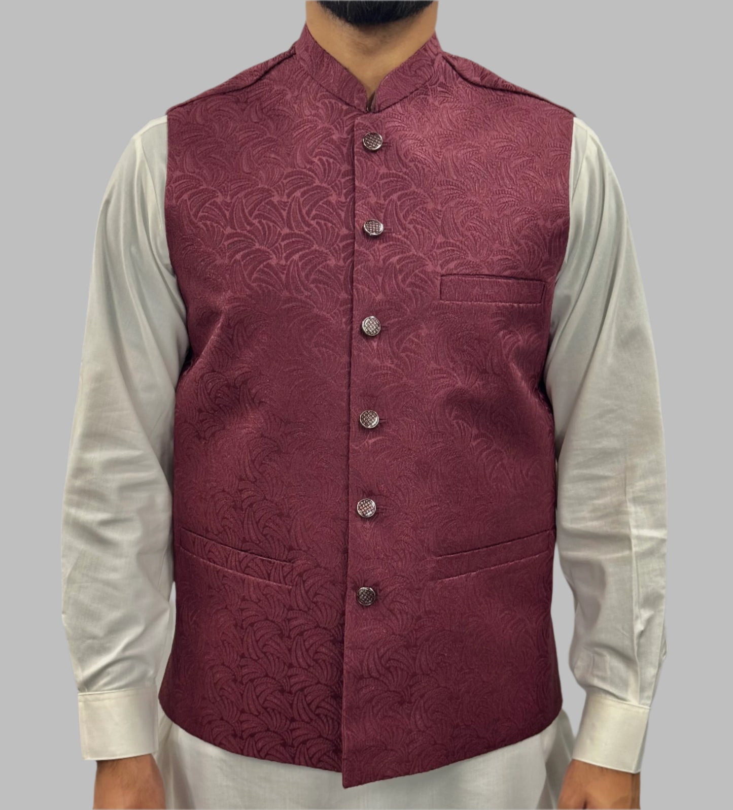 Men's Plum Swirl Design Jamawar Waistcoat Front View