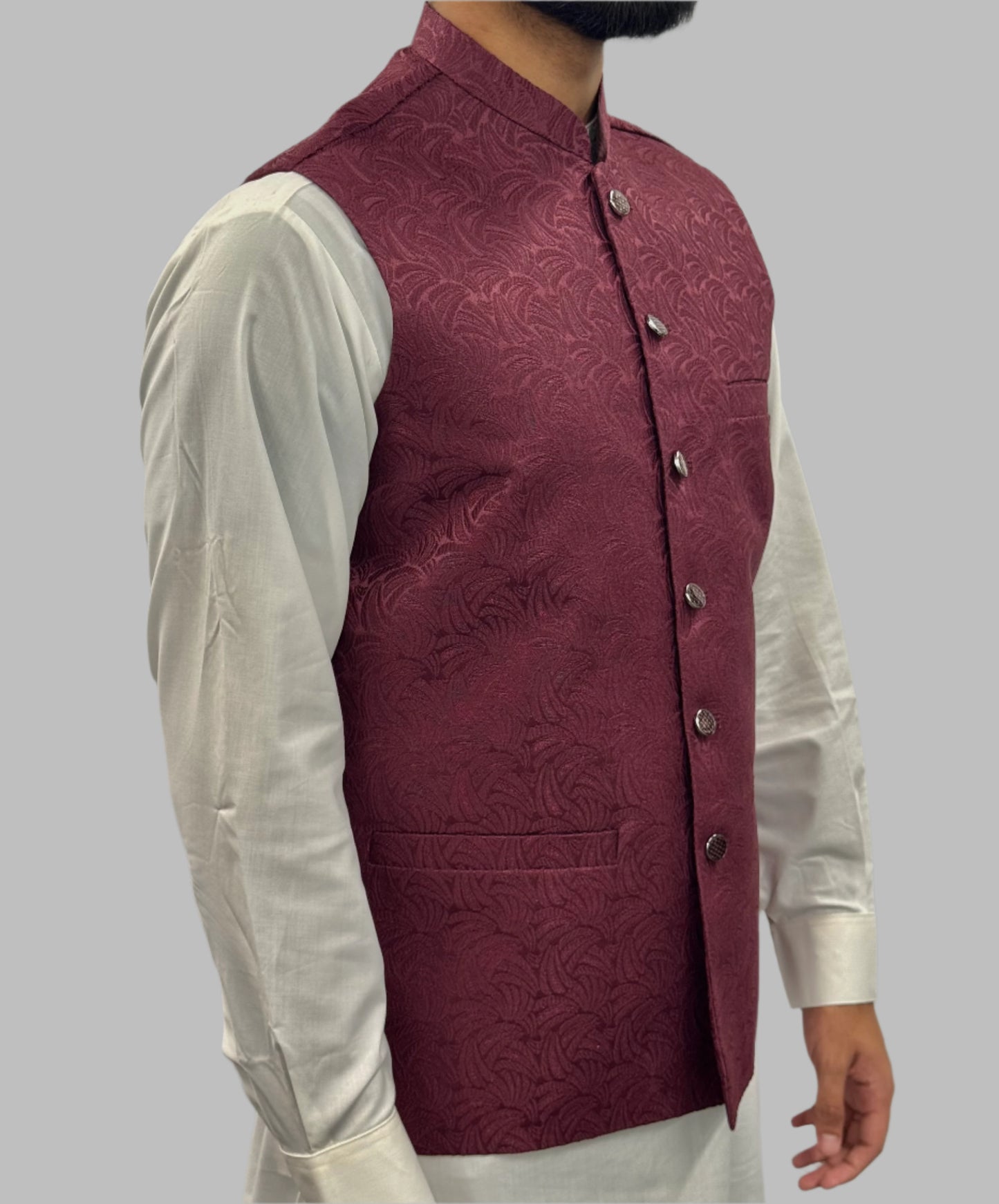 Men's Plum Swirl Design Jamawar Waistcoat Side View