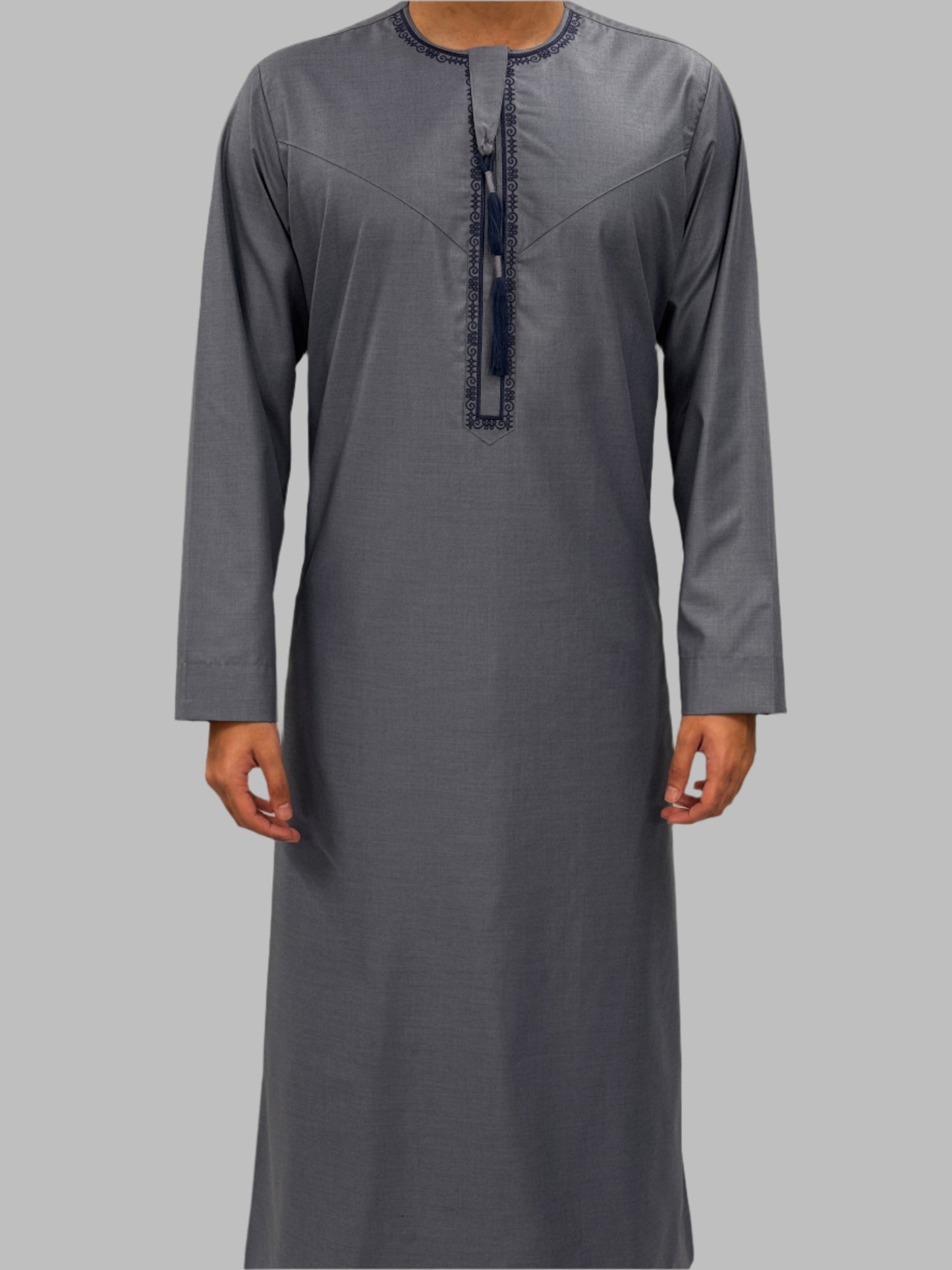 Men's Premium Embroidery Thobe Denim Front View