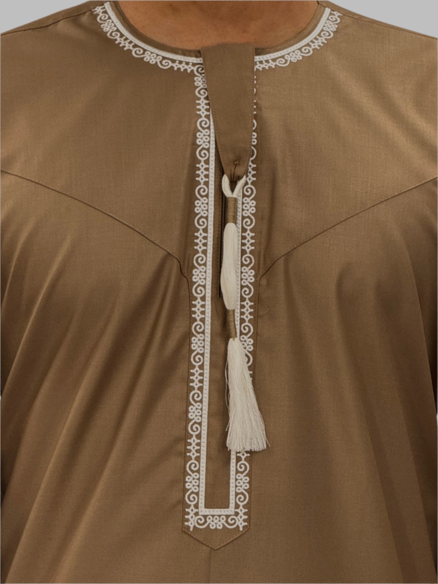 Men's Premium Embroidery Thobe Mocha Close Up