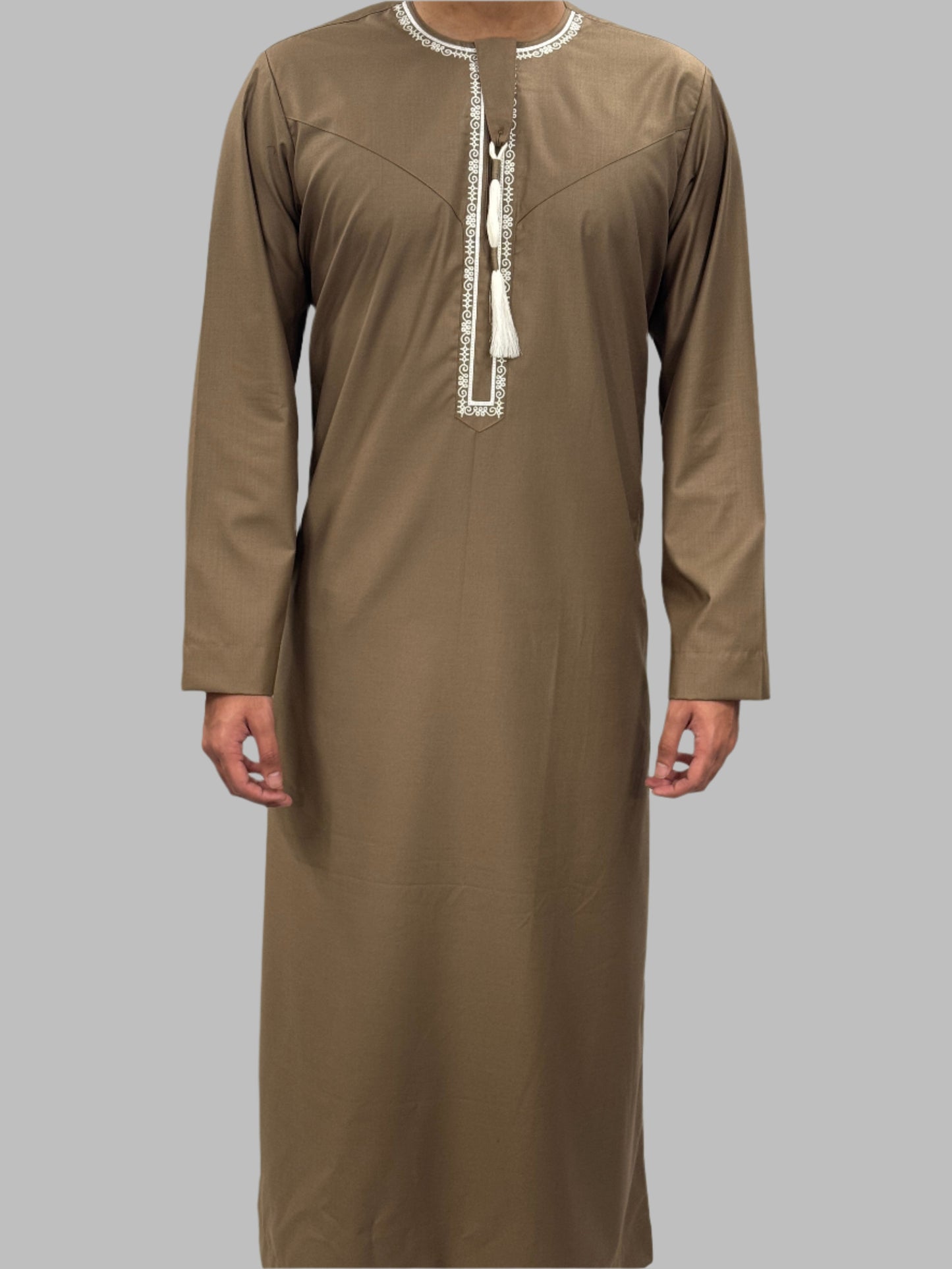 Men's Premium Embroidery Thobe Mocha Front View