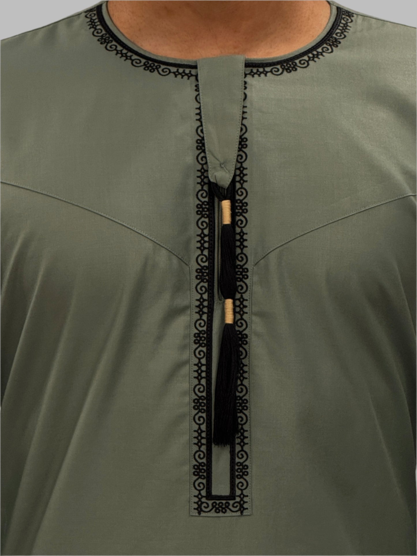 Men's Premium Embroidery Thobe Sage Close Up