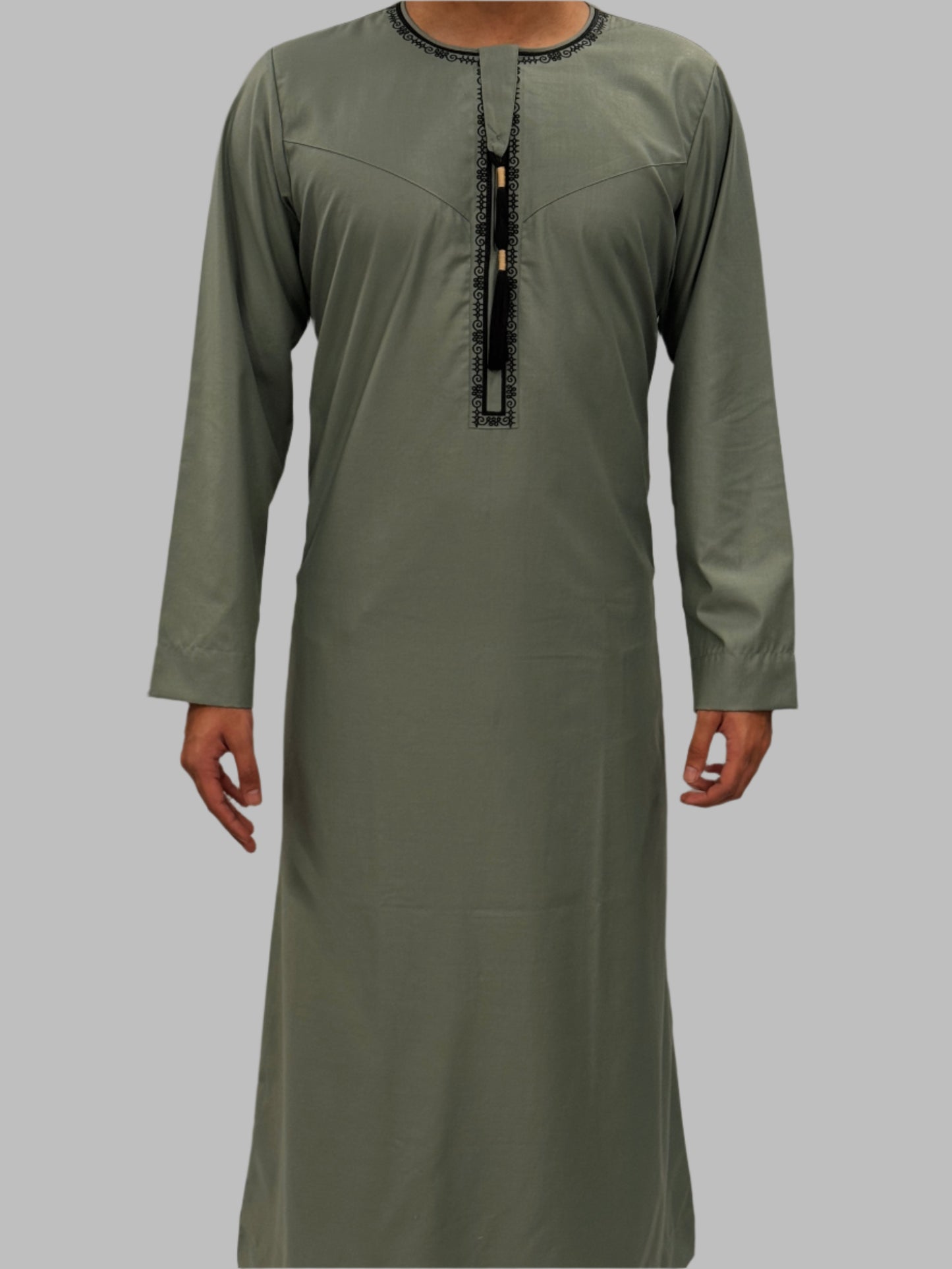 Men's Premium Embroidery Thobe Sage Front View