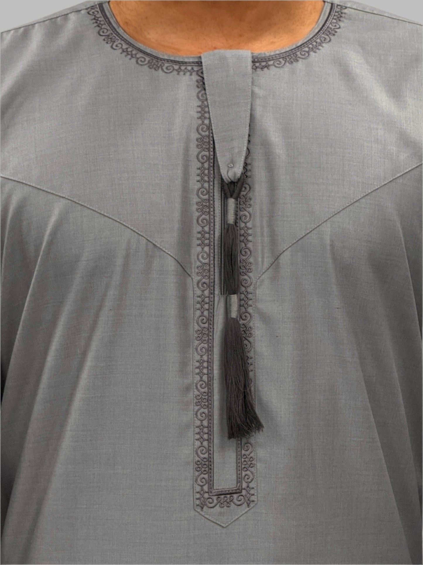 Men's Premium Embroidery Thobe Stone Grey Close Up