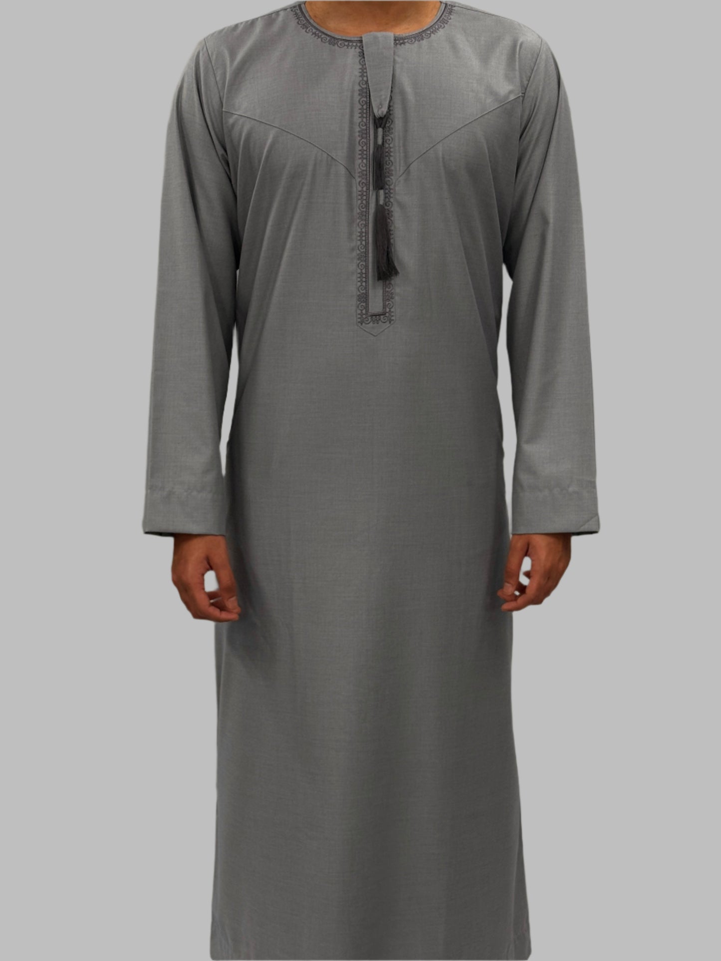 Men's Premium Embroidery Thobe Stone Grey Front View
