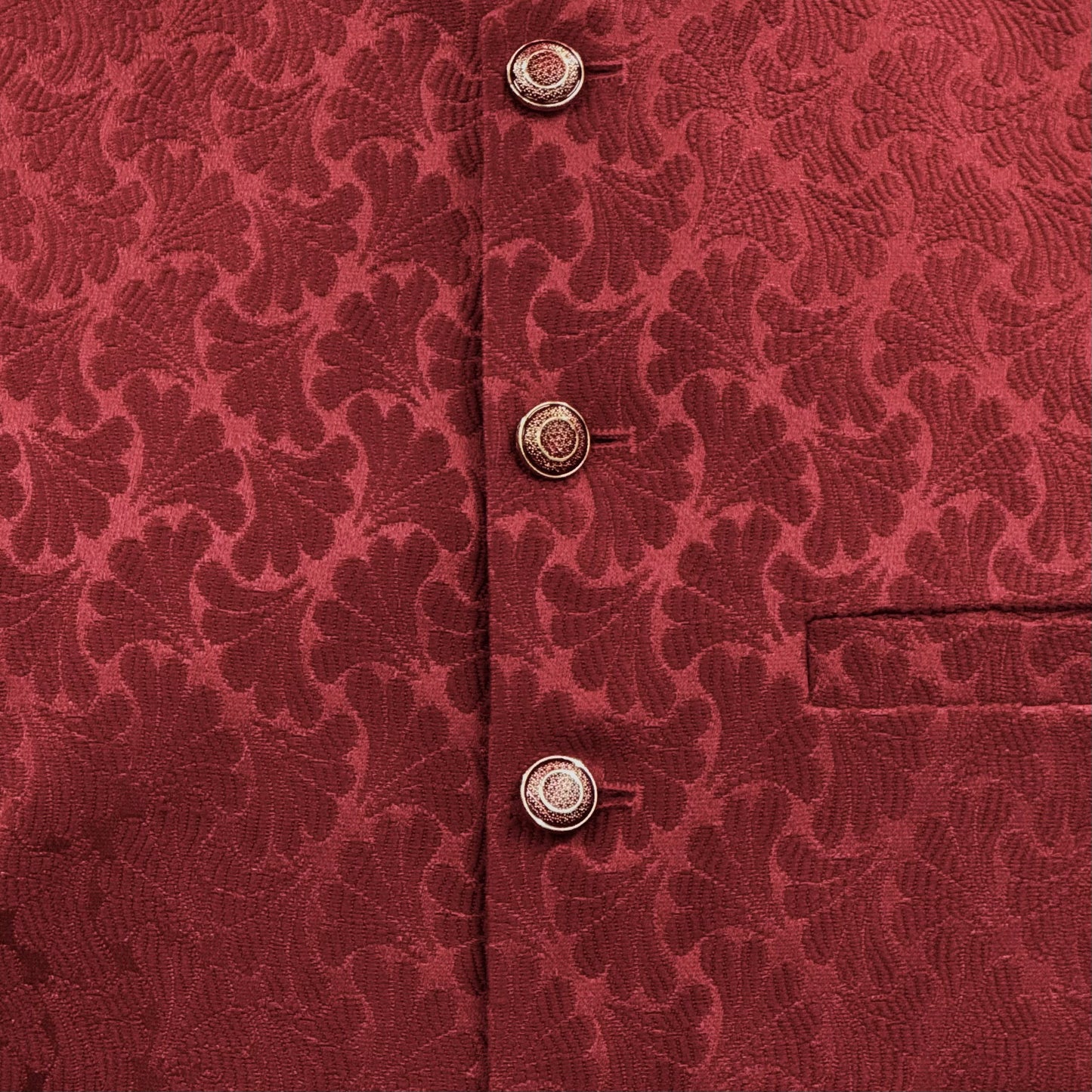 Men's Red Petal Design Jamawar Waistcoat Close Up