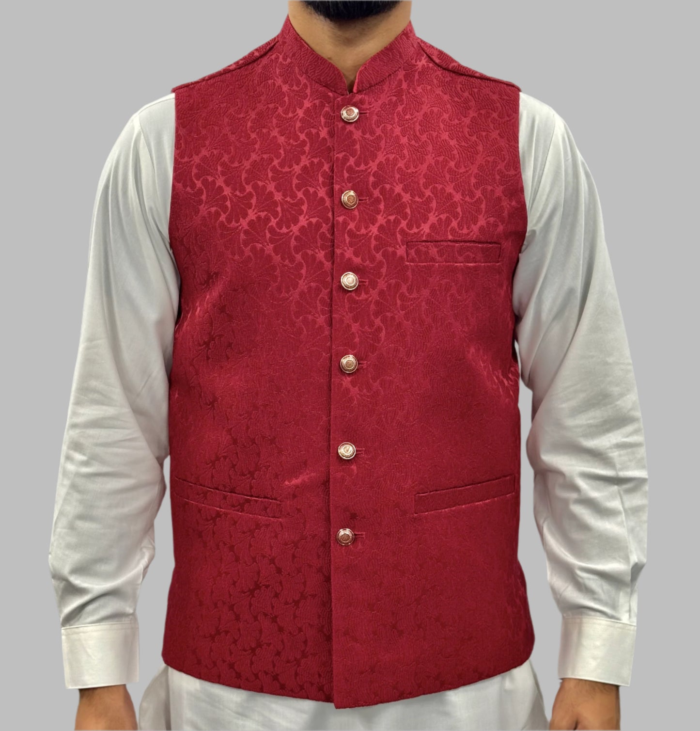 Men's Red Petal Design Jamawar Waistcoat Front View