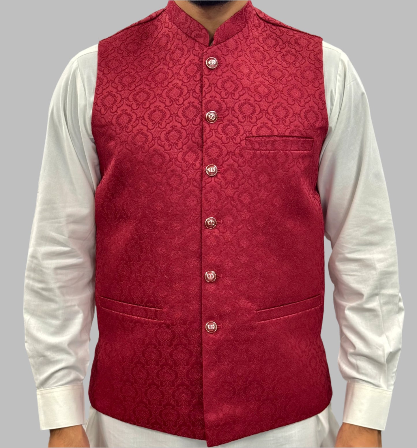 Men's Red Royal Design Jamawar Waistcoat Front View