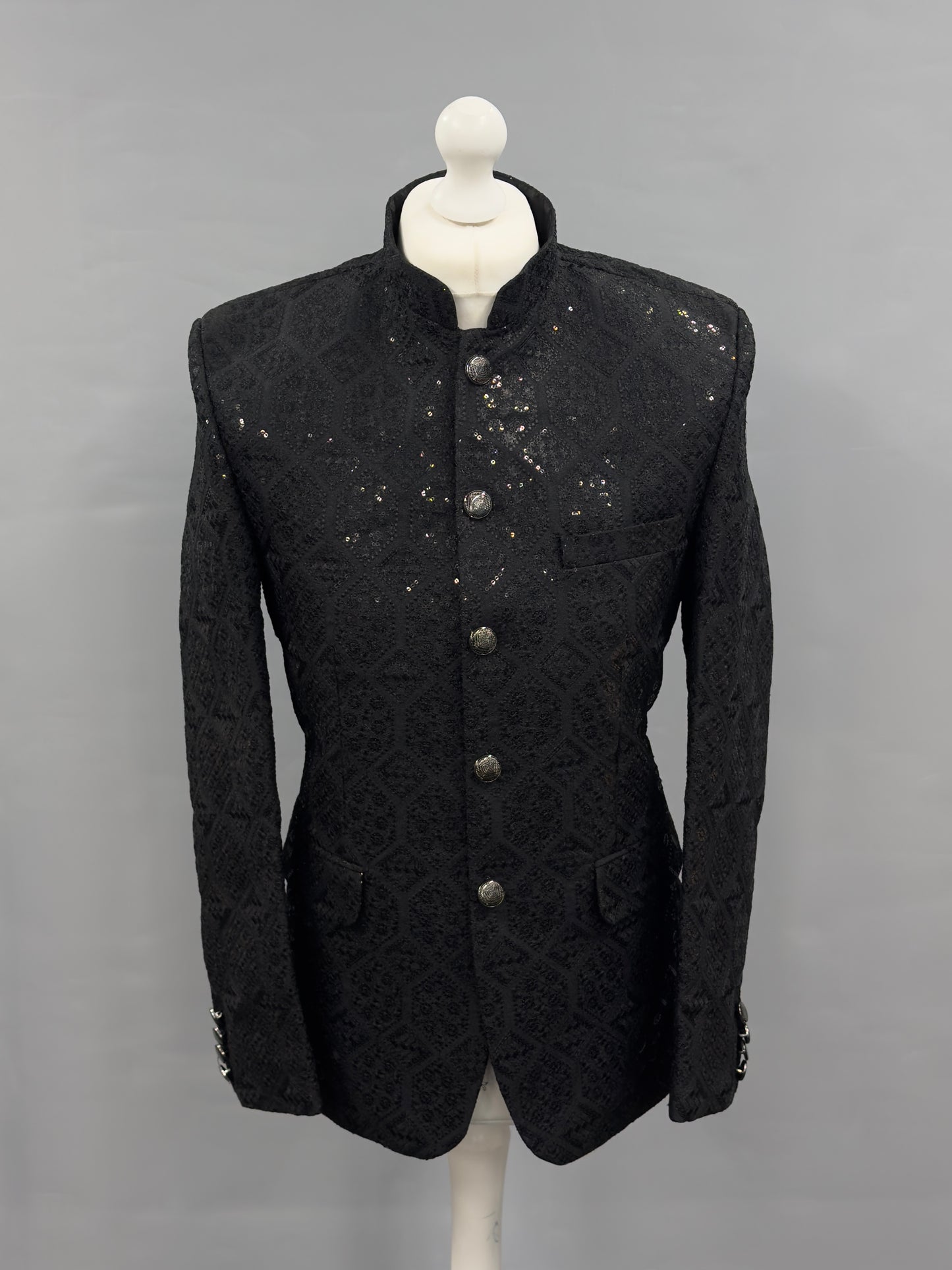Men's Sequin Embroidery Jamawar Black Hex Design Prince Jacket Gold Buttons