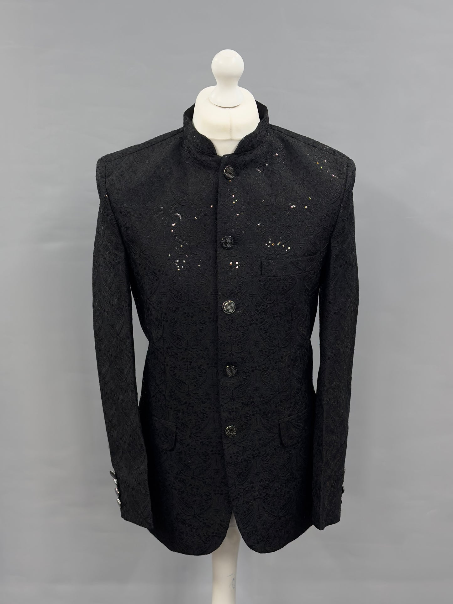 Men's Sequin Embroidery Jamawar Black Paisley Design Prince Jacket Gold Buttons