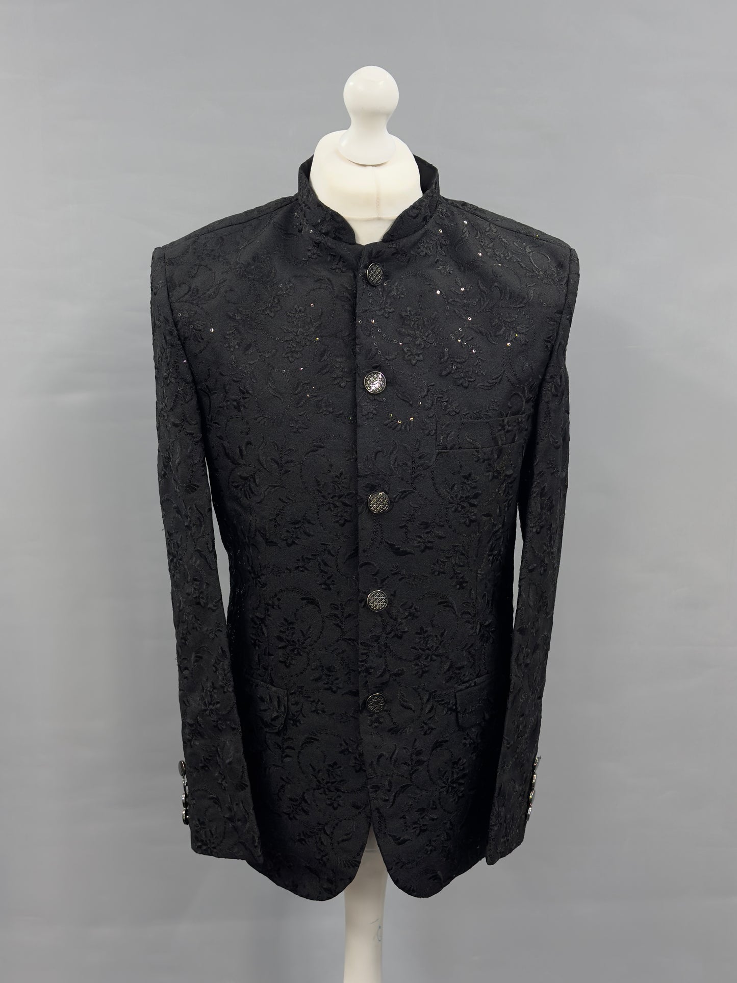 Men's Sequin Embroidery Jamawar Black Thread Motif Design Prince Jacket Gold Buttons