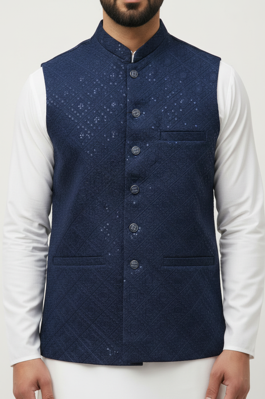 Men's Sequin Embroidery Jamawar Navy Diamond Design Waistcoat Close Up