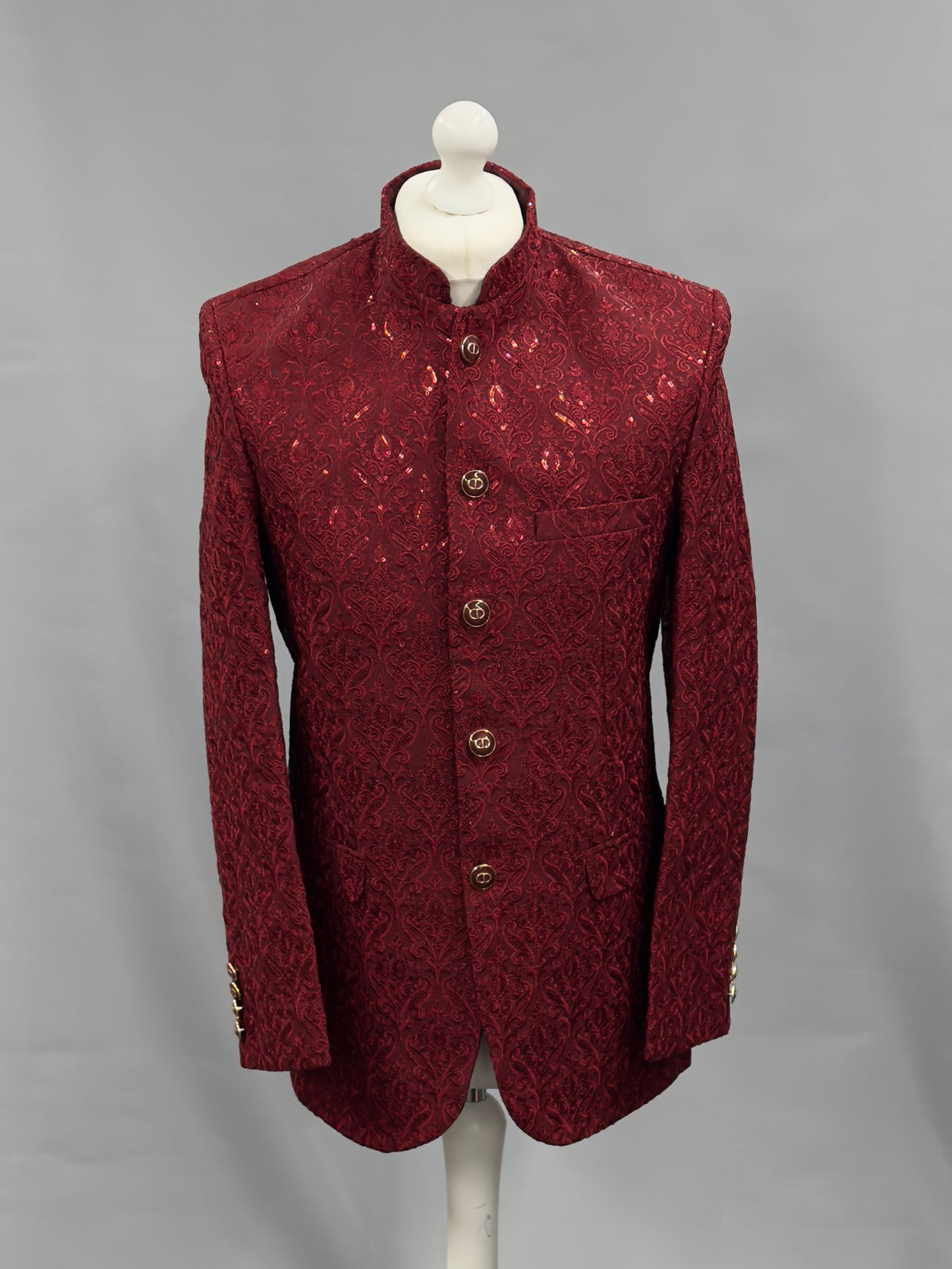 Men's Sequin Embroidery Jamawar Ruby Crown Design Prince Jacket Gold Buttons