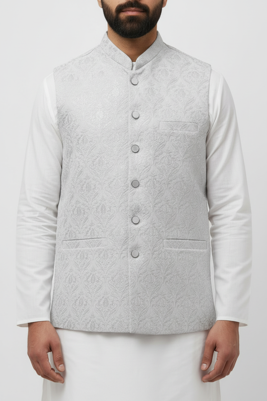 Men's Sequin Embroidery Jamawar Silver Crown Design Waistcoat Close Up