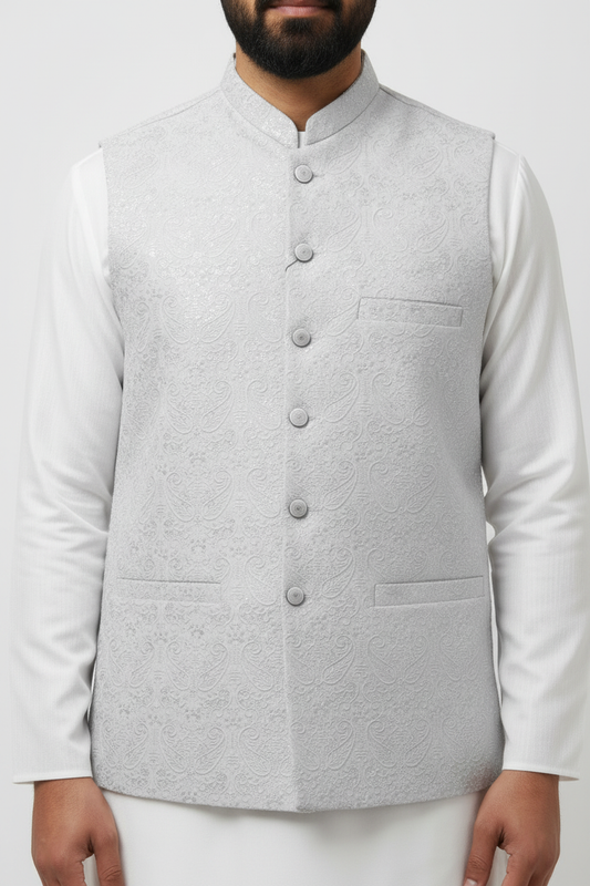 Men's Sequin Embroidery Jamawar Silver Paisley Design Waistcoat Close Up