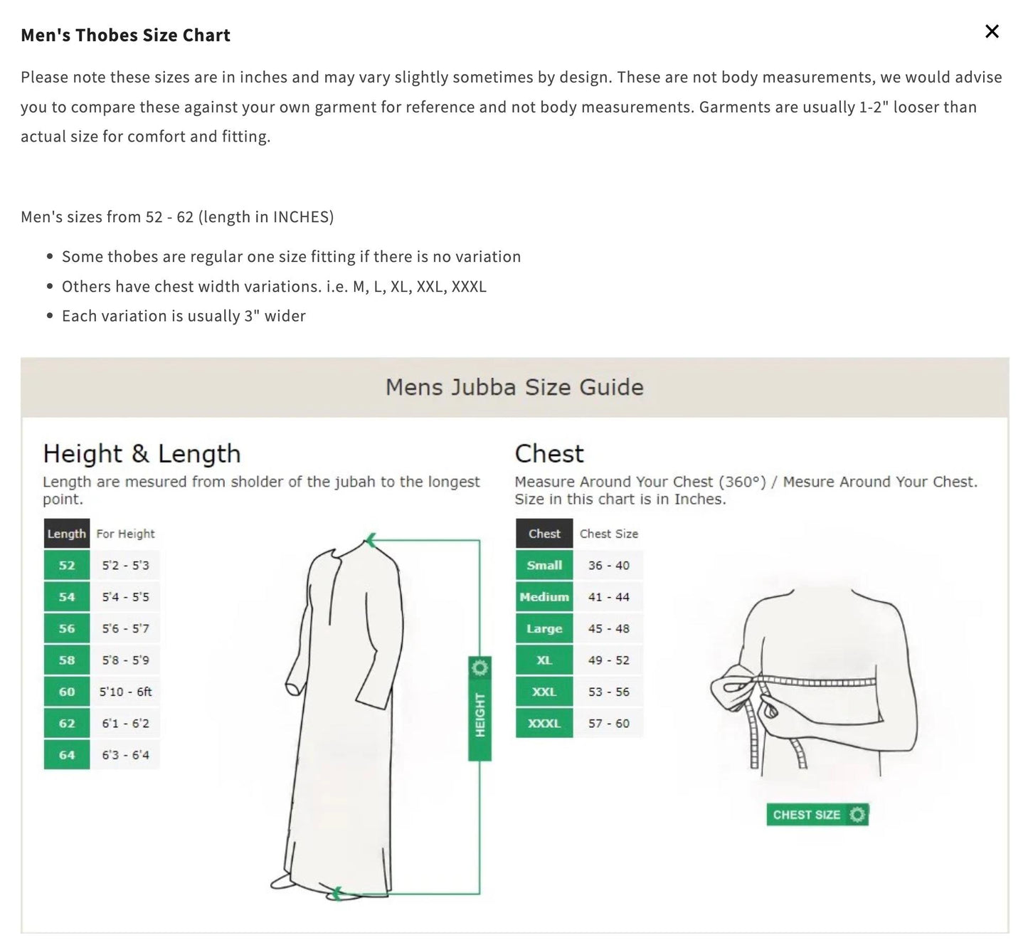 Men's Thobes Size Chart