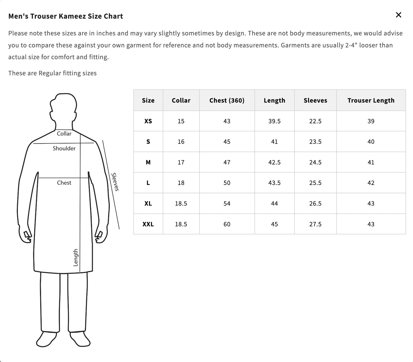 Men's Trouser Kameez Size Chart