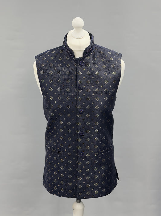 Navy Gold Fancy Beadwork Banarsi Waistcoat