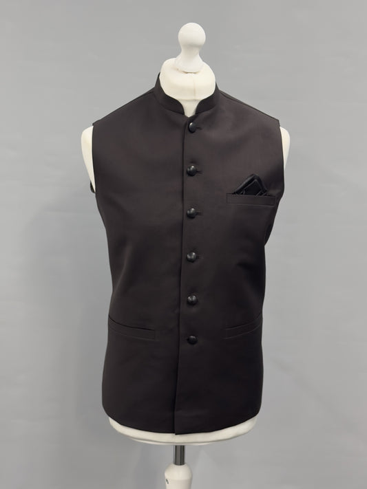 Men's Plain Dark Brown Waistcoat with Black Pocket Square