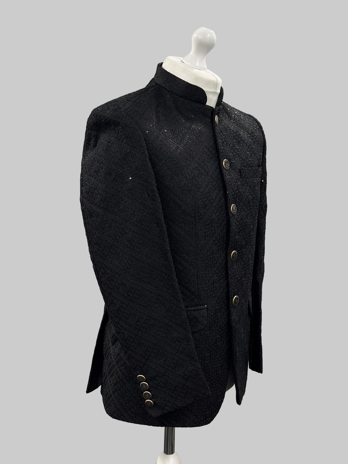 Prince Jacket Fancy Sequin Jamawar Black Diamond Side