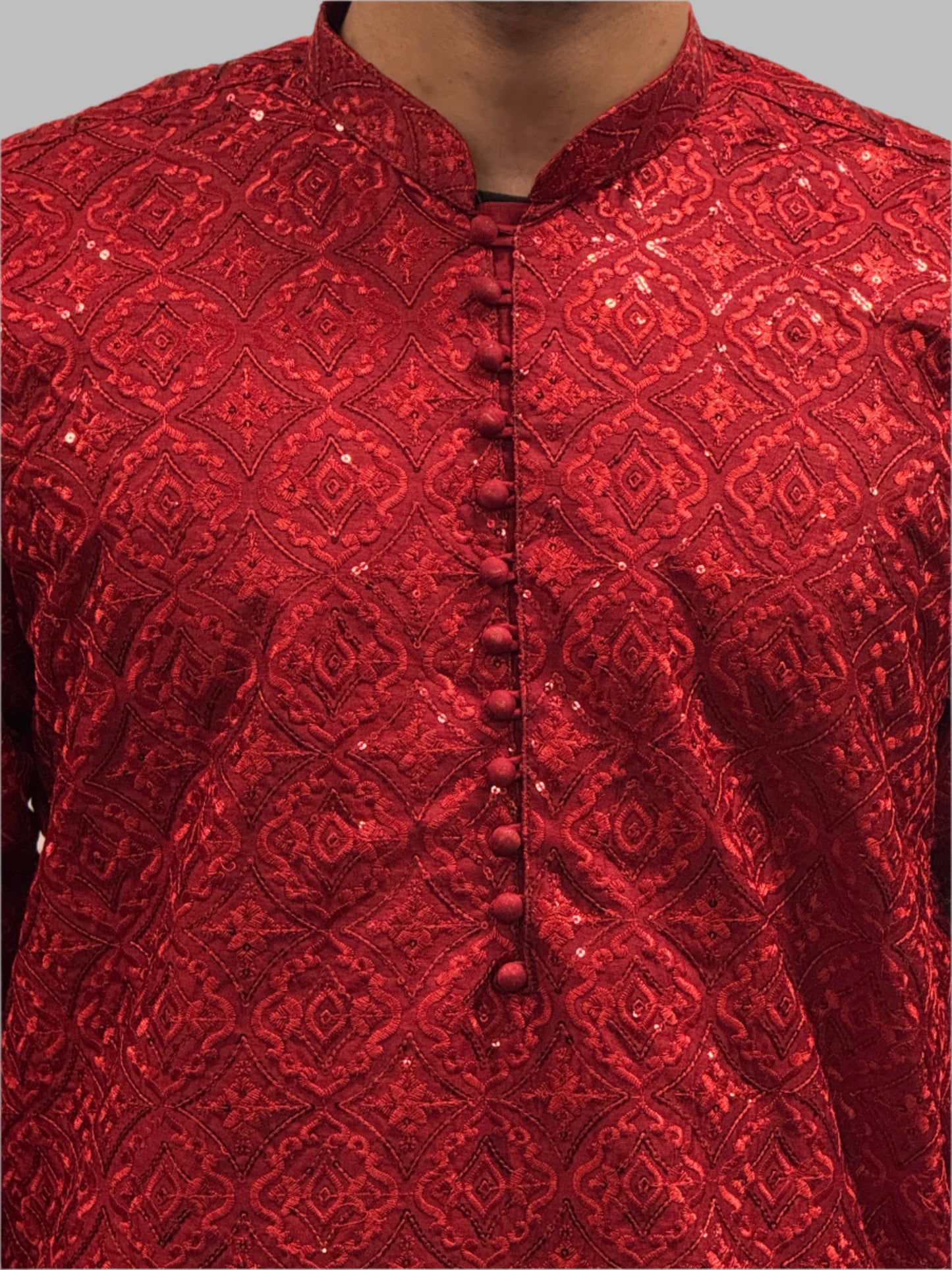 Sequin Embroidery Cherry Red Close Up
