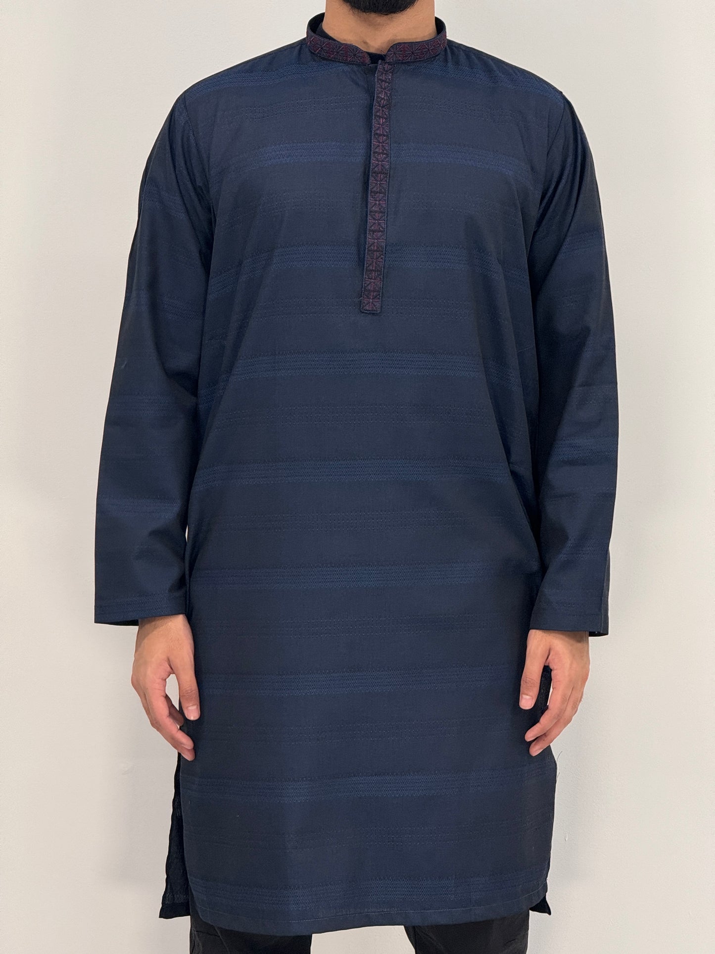 Men's Navy 2 Kurta with Placket Embroidery