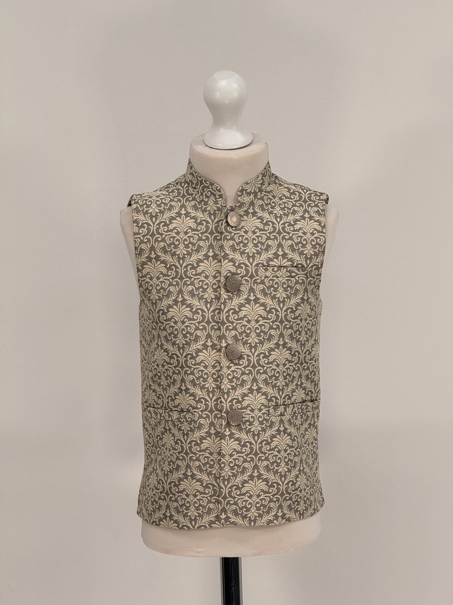 Boys Banarsi Grey Cream Waistcoat