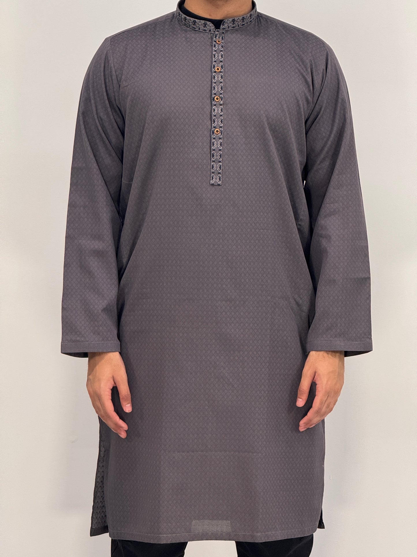 Men's Kurta Grey 4 with Placket Embroidery
