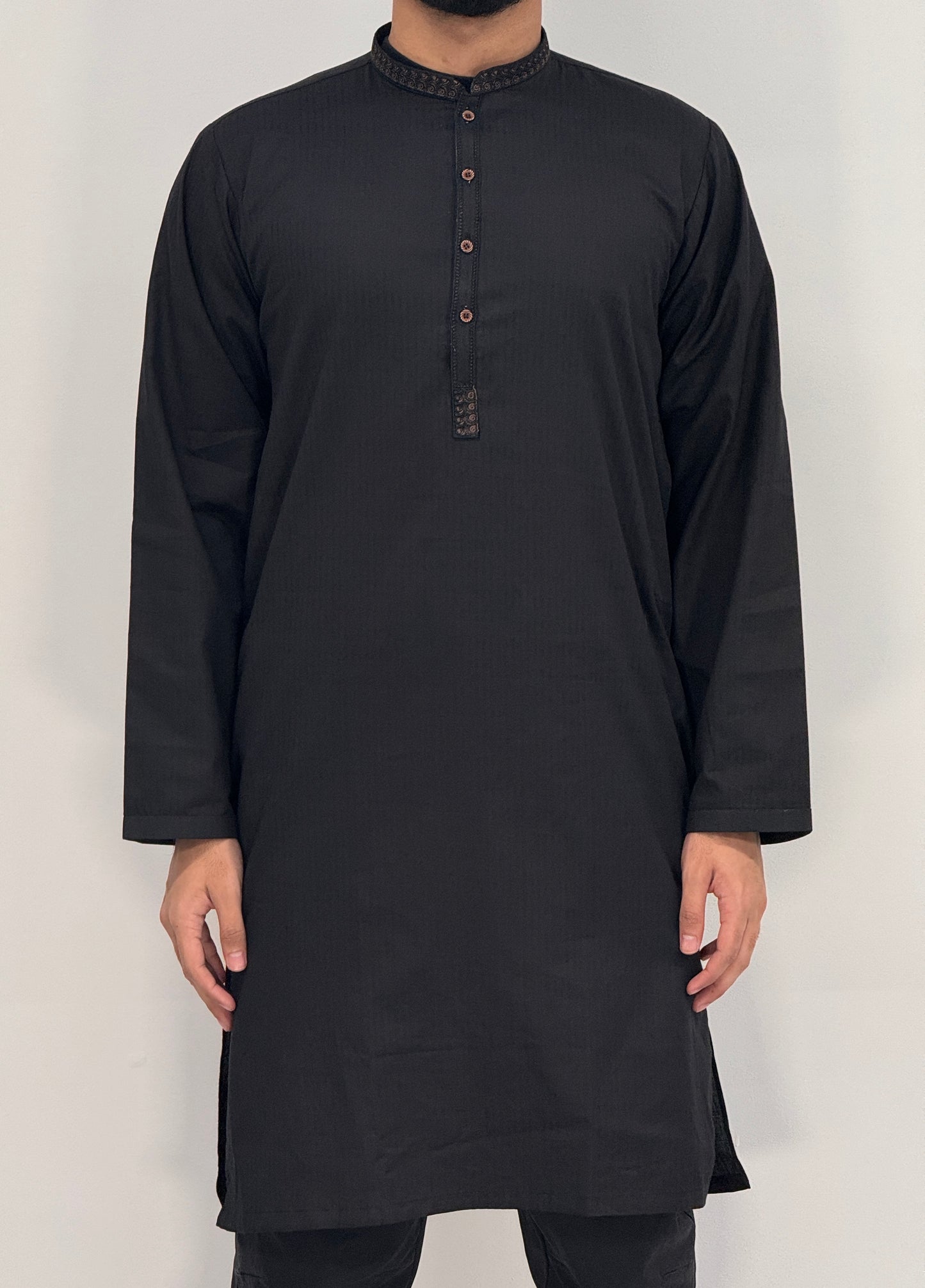 Men's Black 1 Kurta with Placket Embroidery