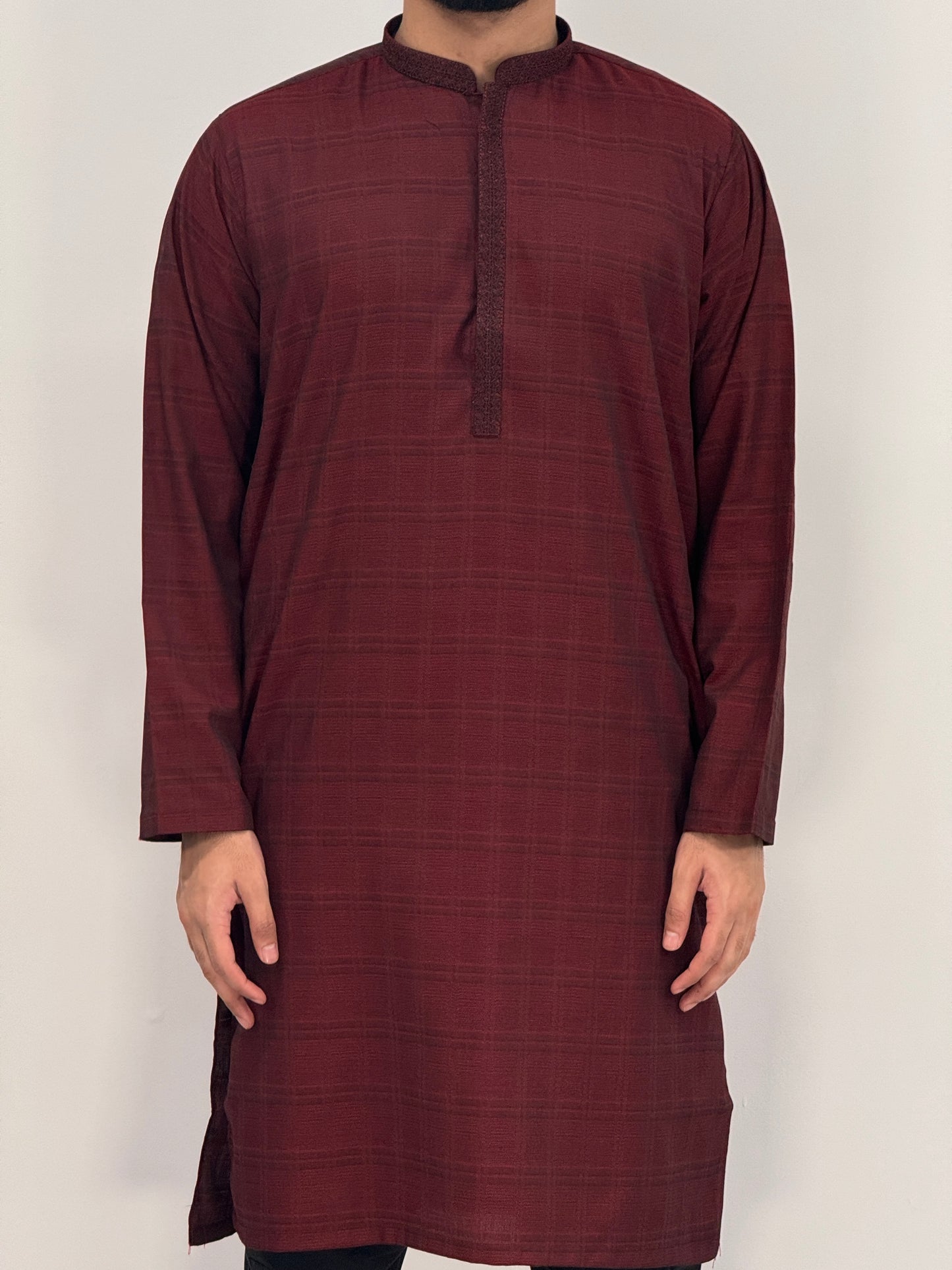 Men's Maroon 4 Kurta with Placket Embroidery
