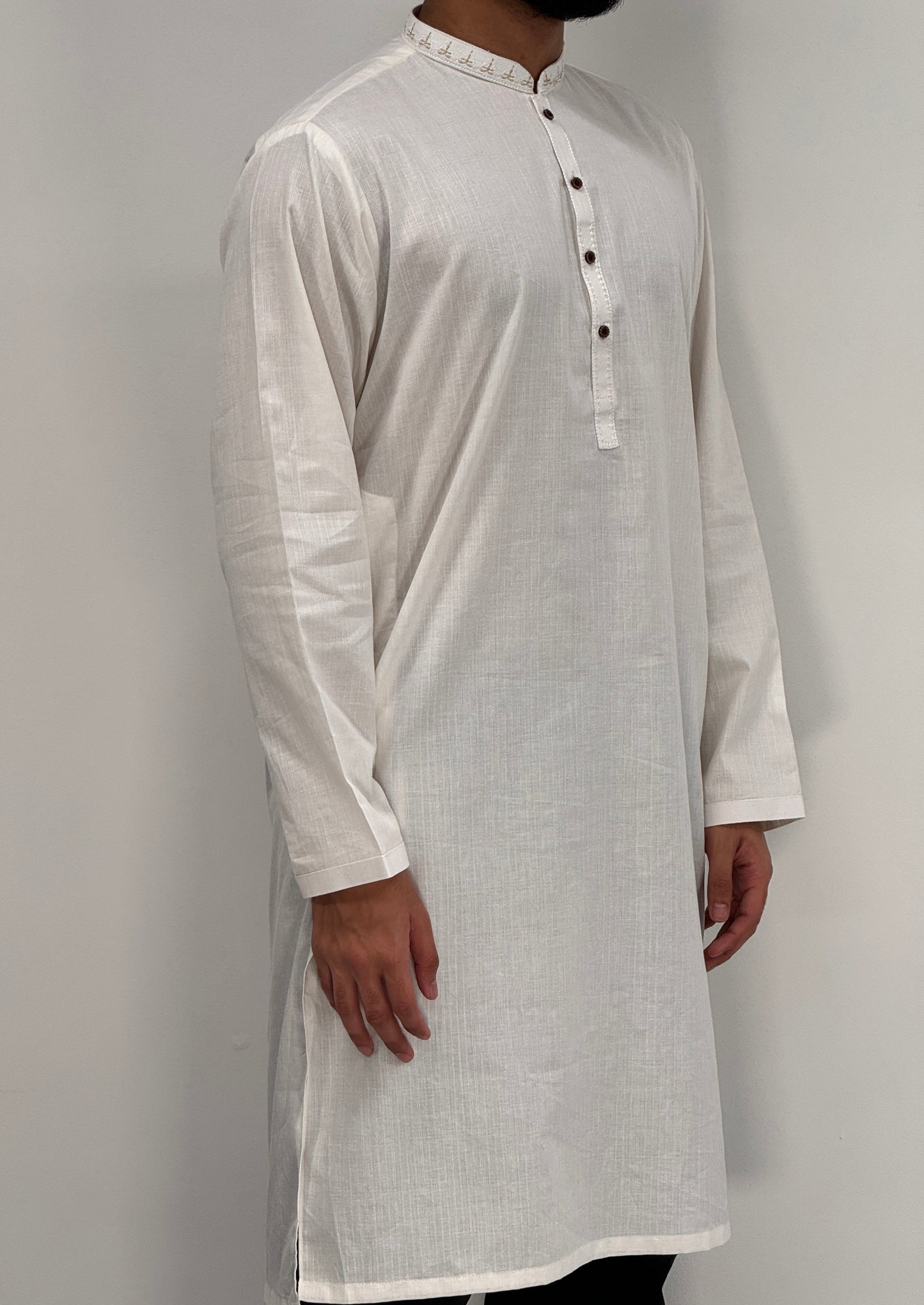 Men's Off White Kurta with Placket Embroidery