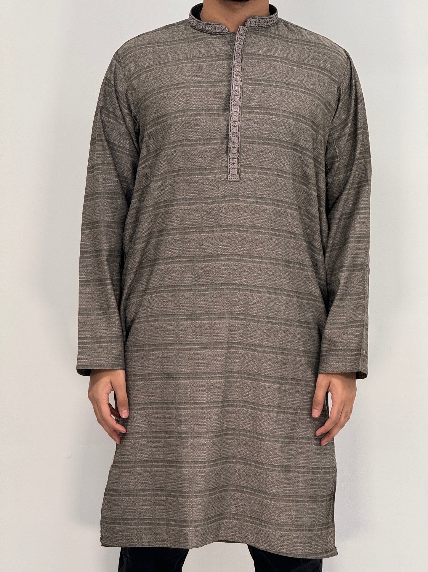 Men's Kurta Grey 3 with Placket Embroidery