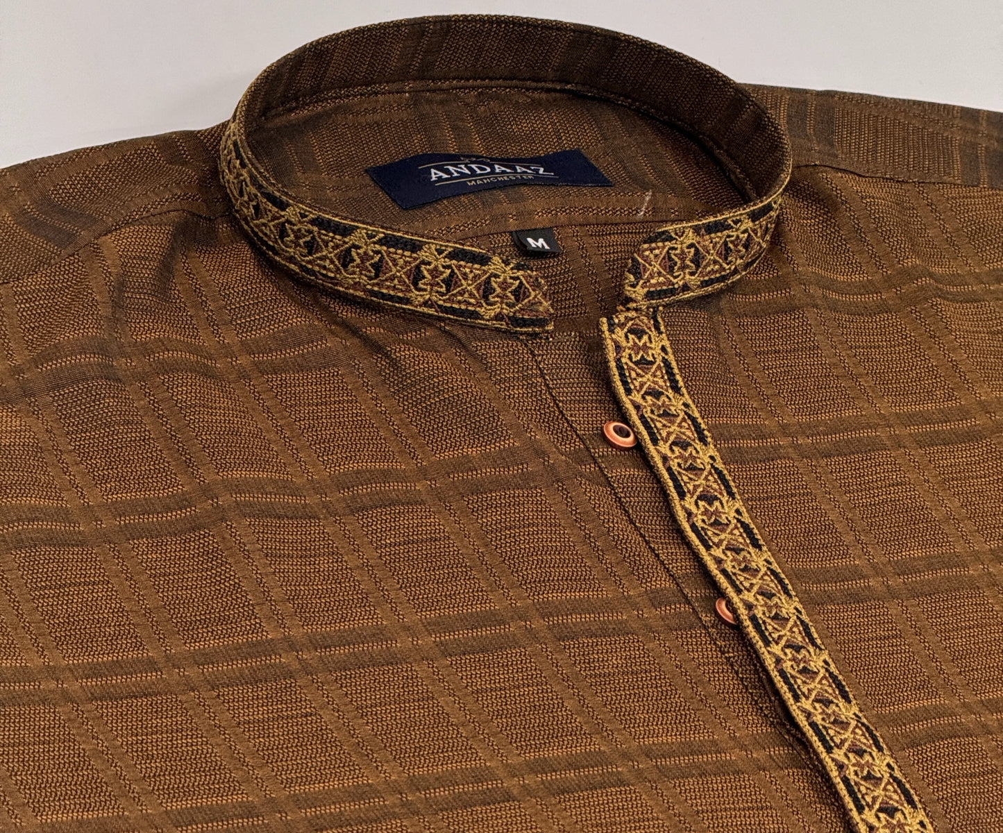 Men's Light Brown Kurta with Placket Embroidery