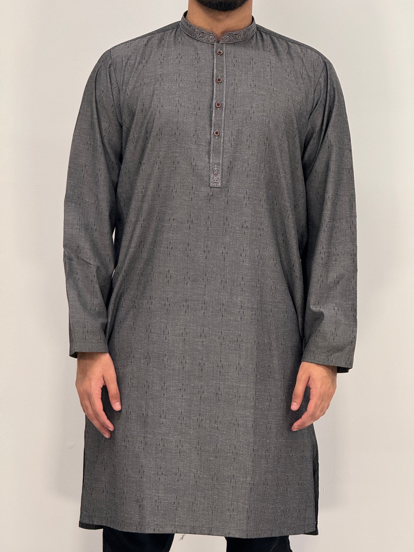 Men's Grey 5 Kurta with Placket Embroidery