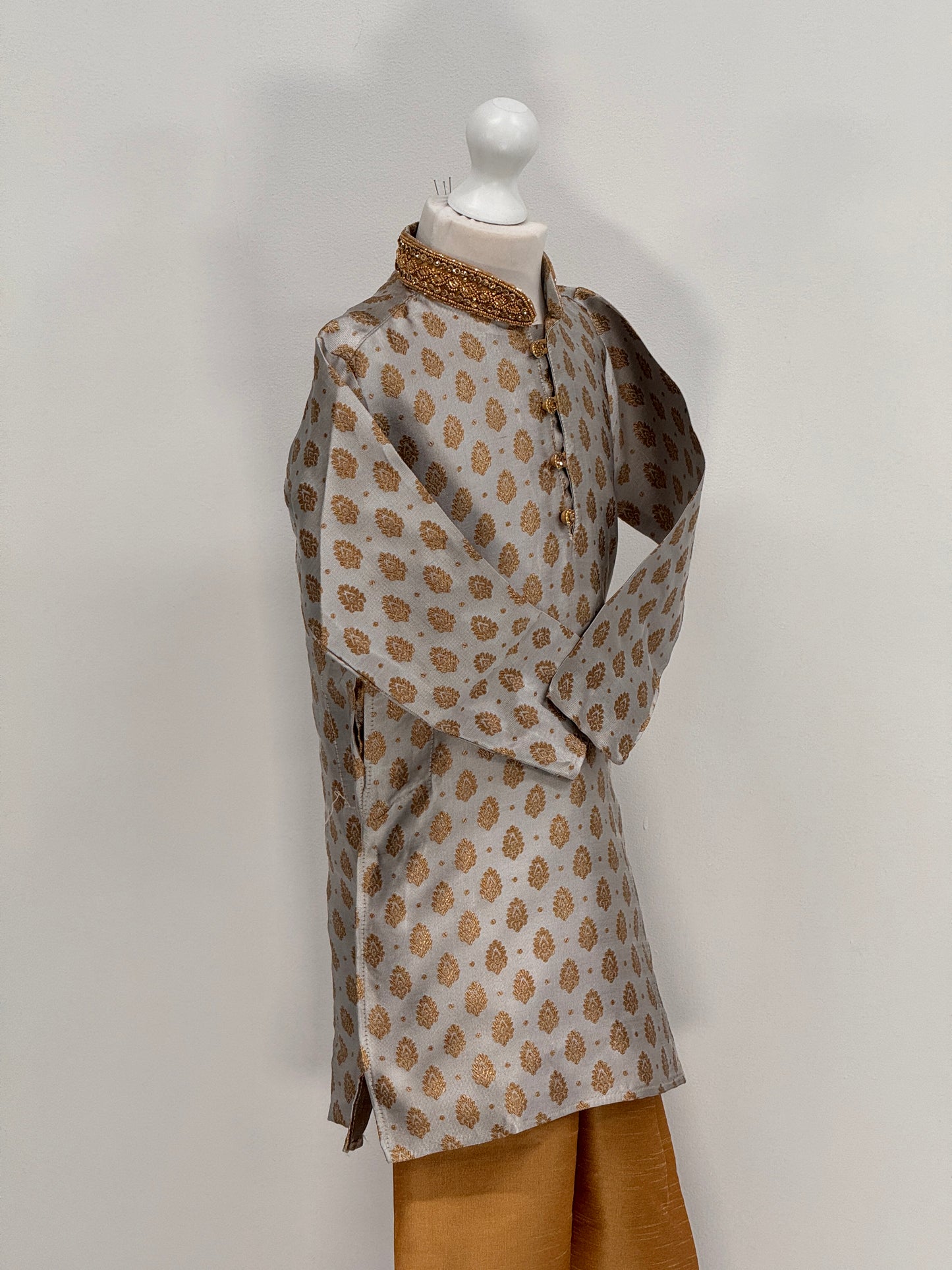 Boys Paisley Jamawar Kurta Pyjama Grey Gold