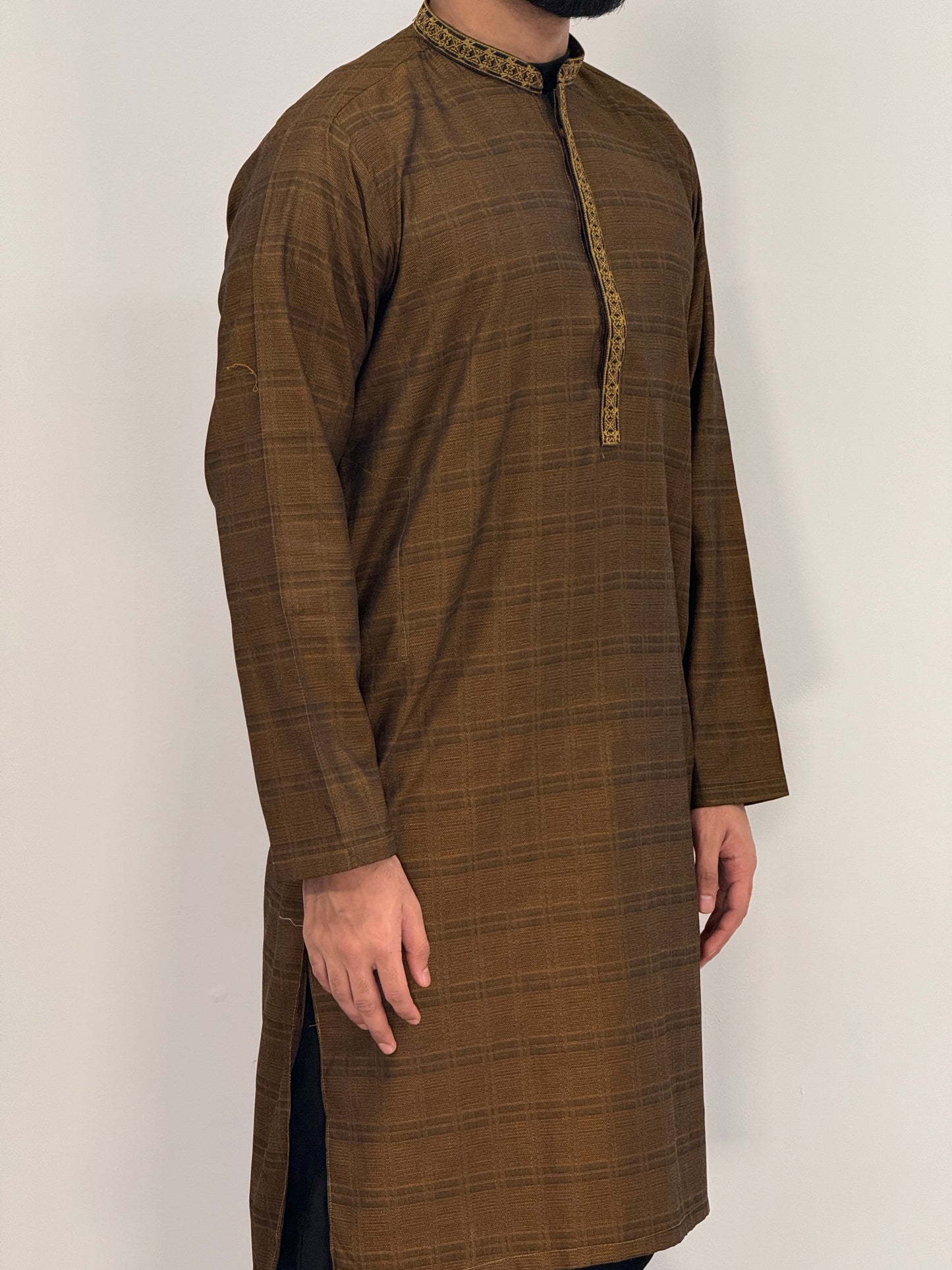 Men's Light Brown Kurta with Placket Embroidery
