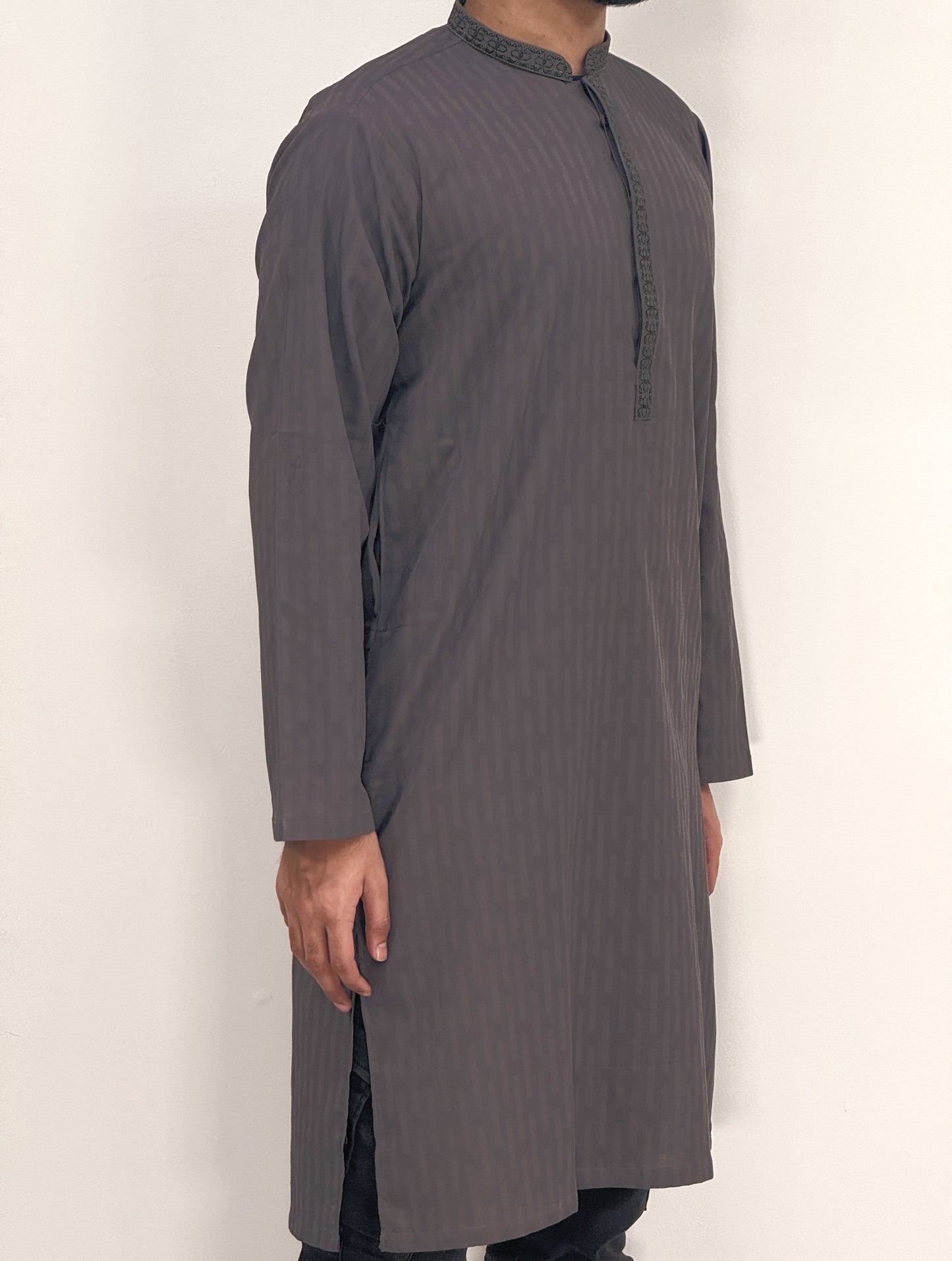 Men's Grey 1 Kurta with Placket Embroidery