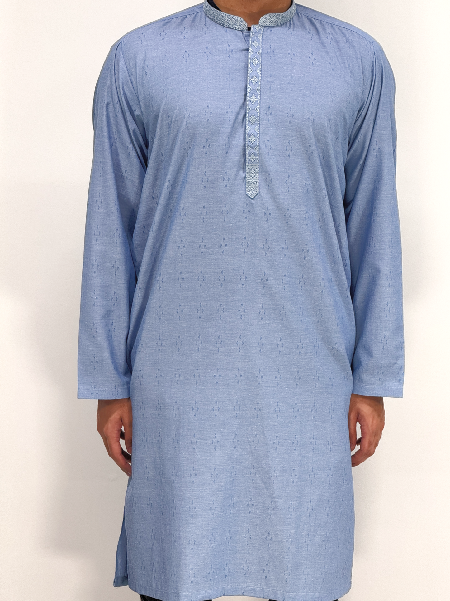 Men's Sky Blue Kurta with Placket Embroidery