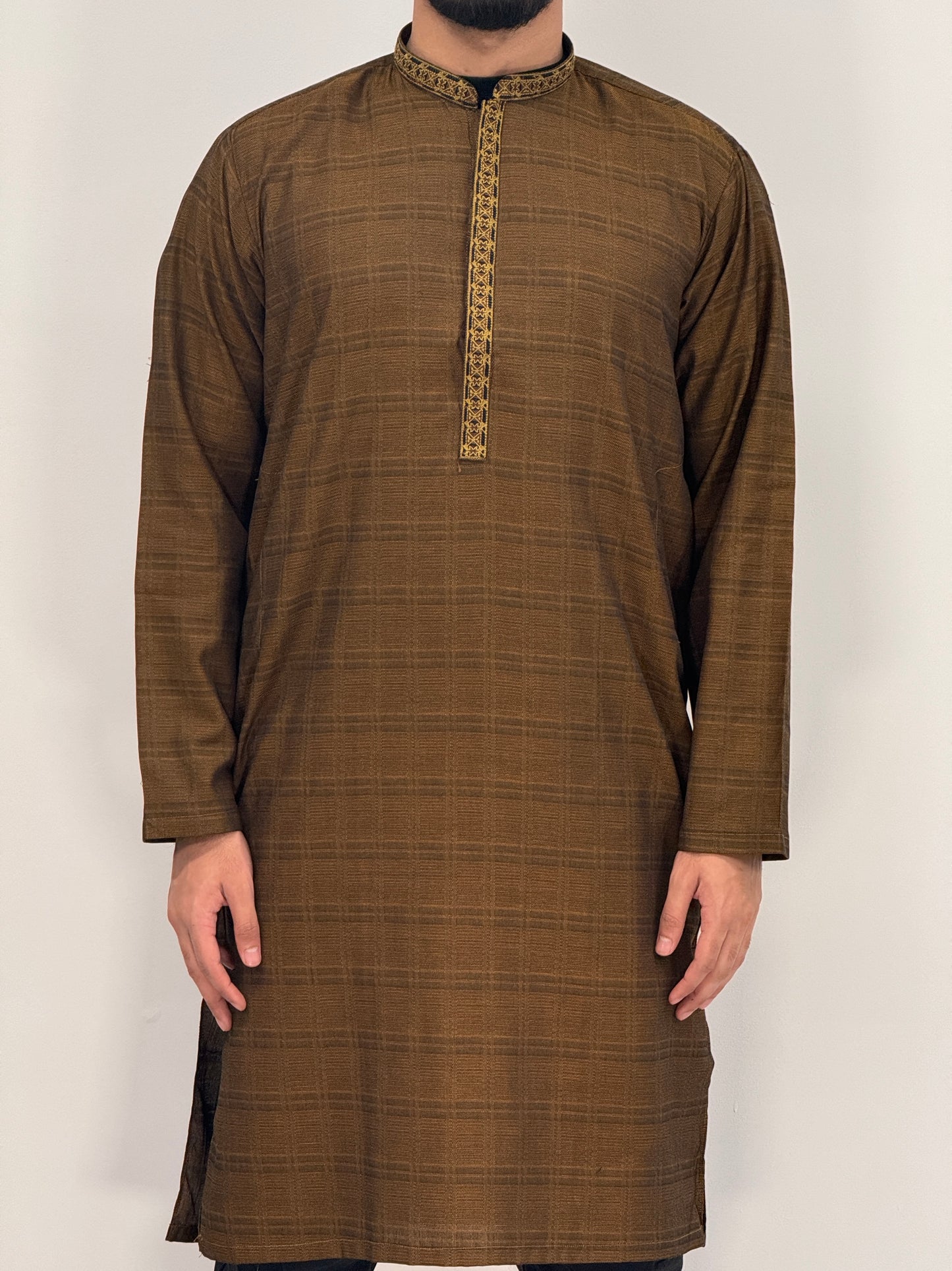 Men's Light Brown Kurta with Placket Embroidery