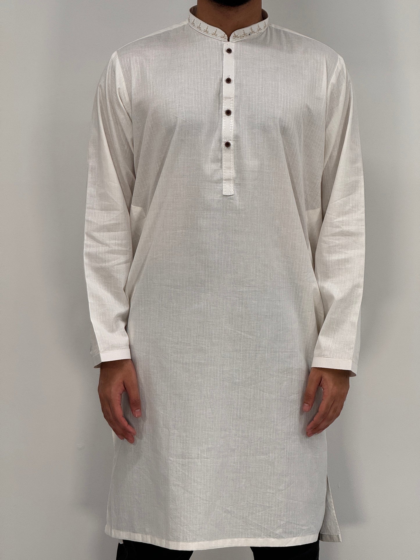 Men's Off White Kurta with Placket Embroidery