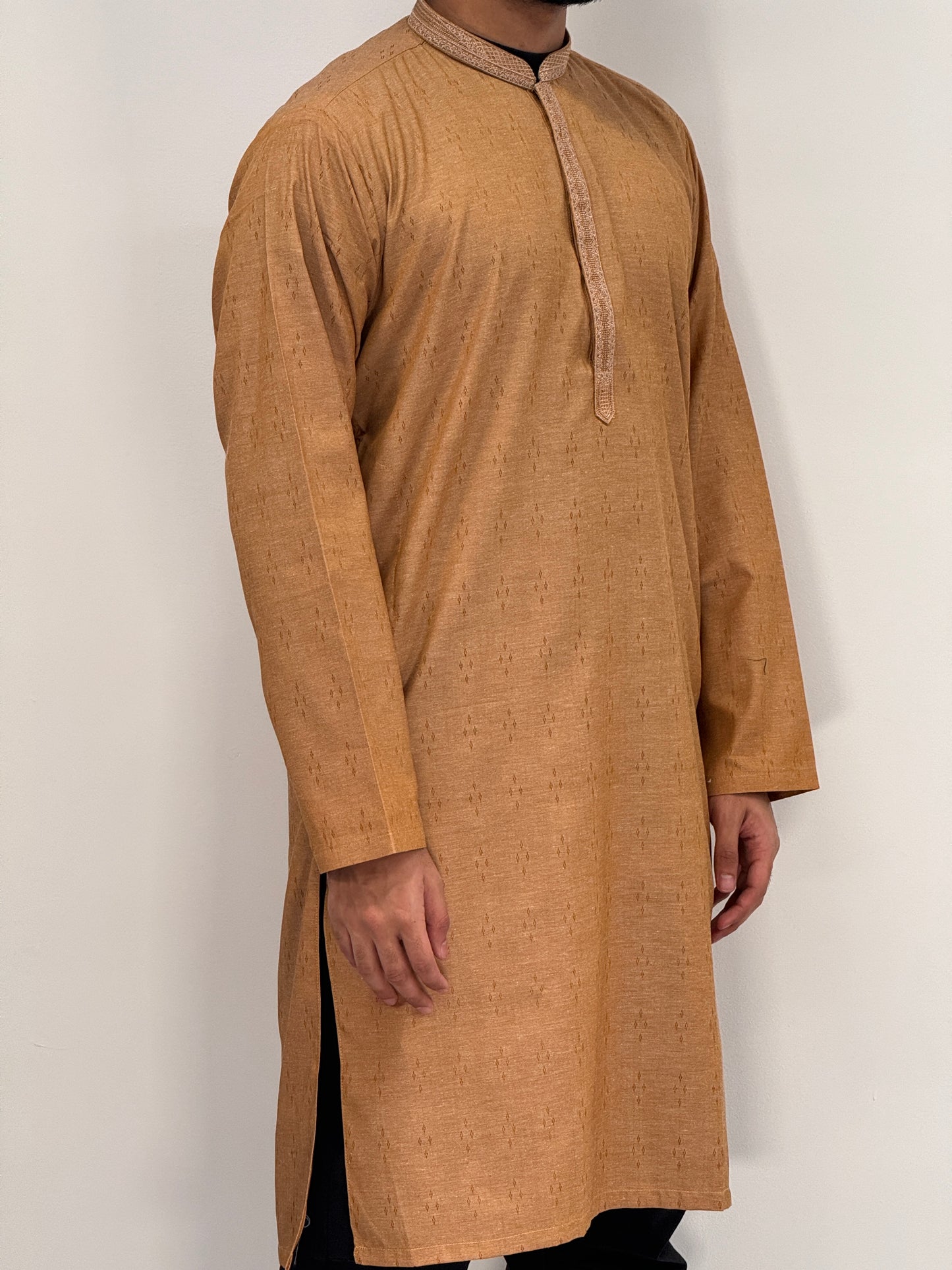 Men's Beige 2 Kurta with Placket Embroidery