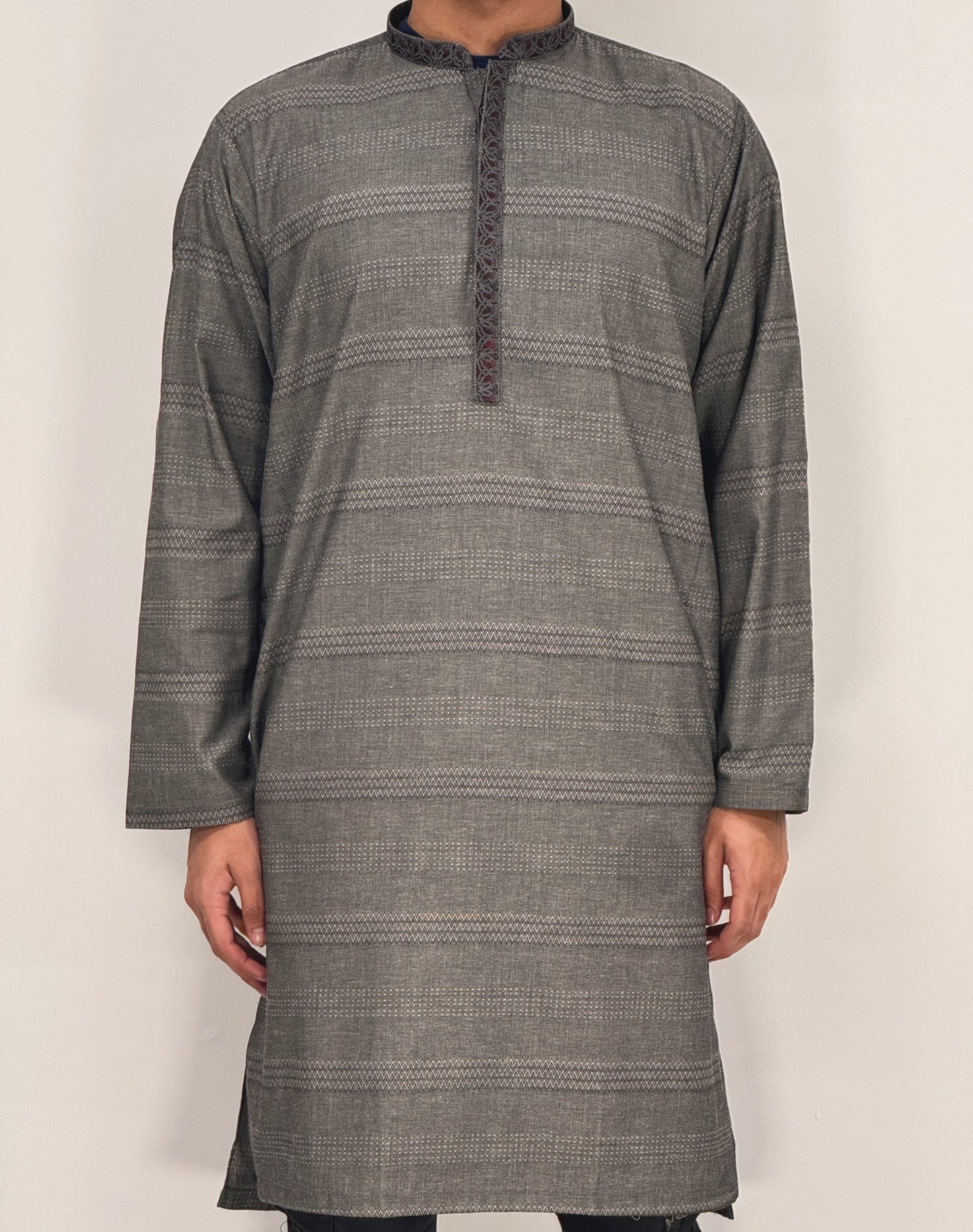 Men's Kurta Grey 2 with Placket Embroidery