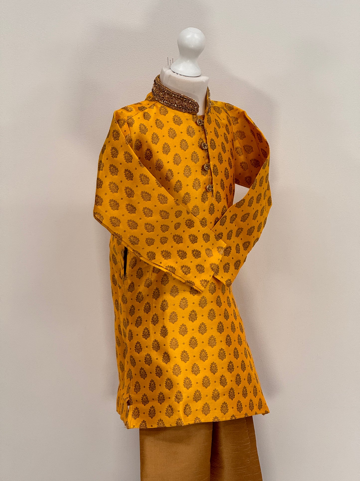 Boys Paisley Jamawar Kurta Pyjama Yellow Gold