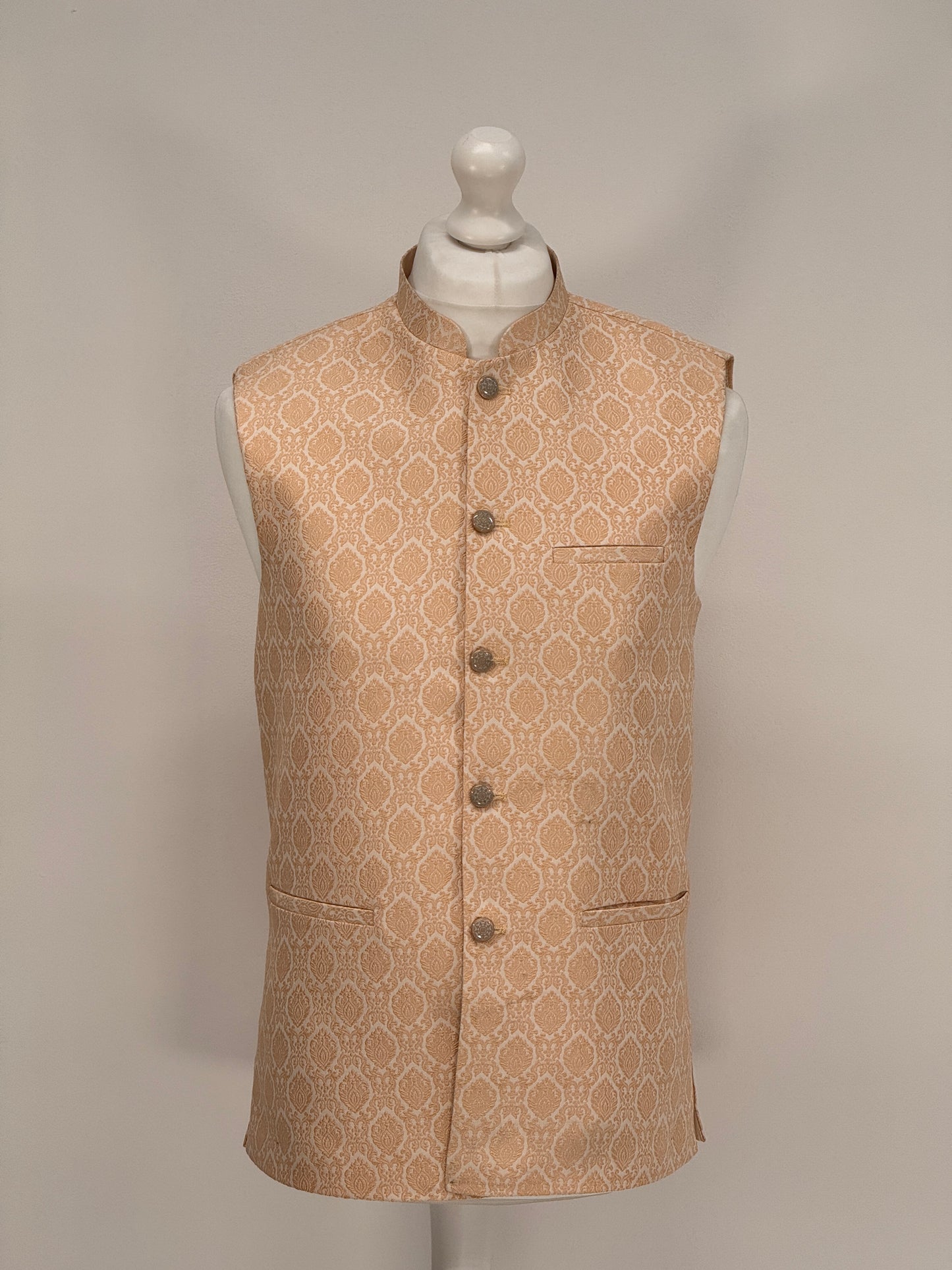 Men's Banarsi Cream Peach Diamond Waistcoat
