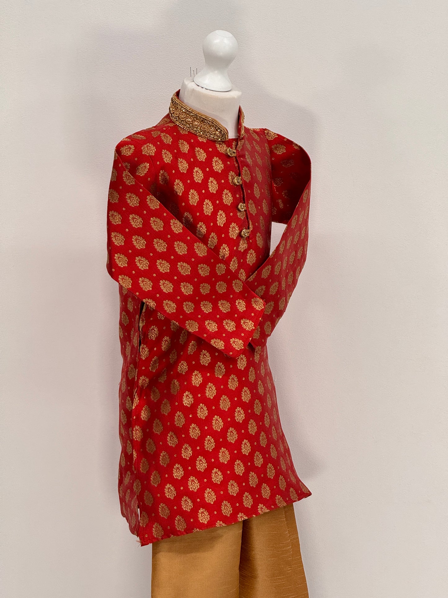 Boys Paisley Jamawar Kurta Pyjama Red Gold