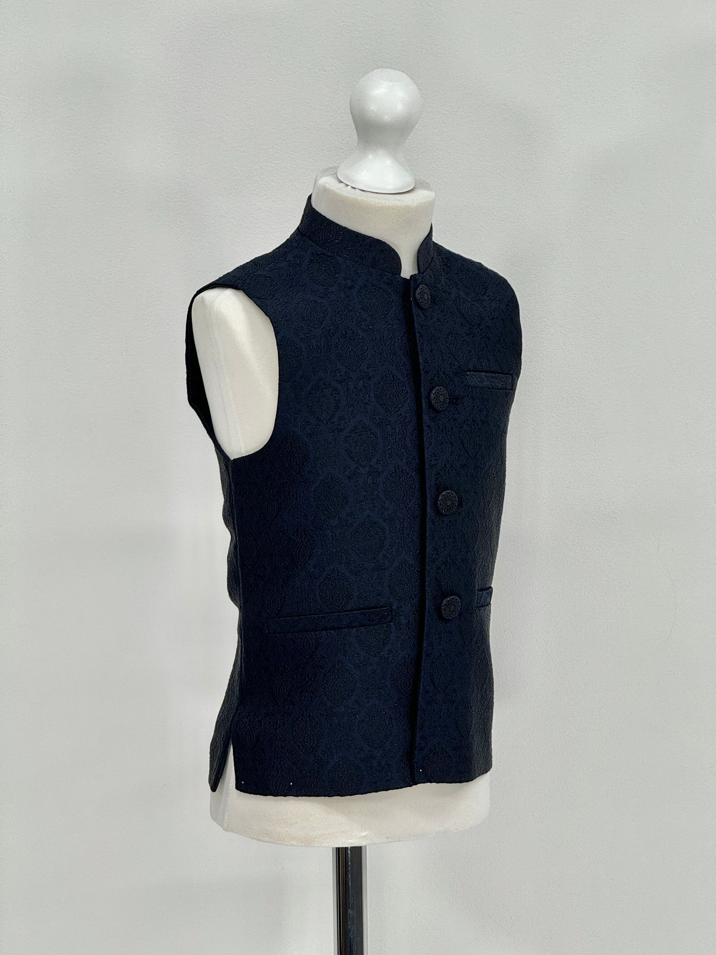Boys Banarsi Navy Black Diamond Waistcoat
