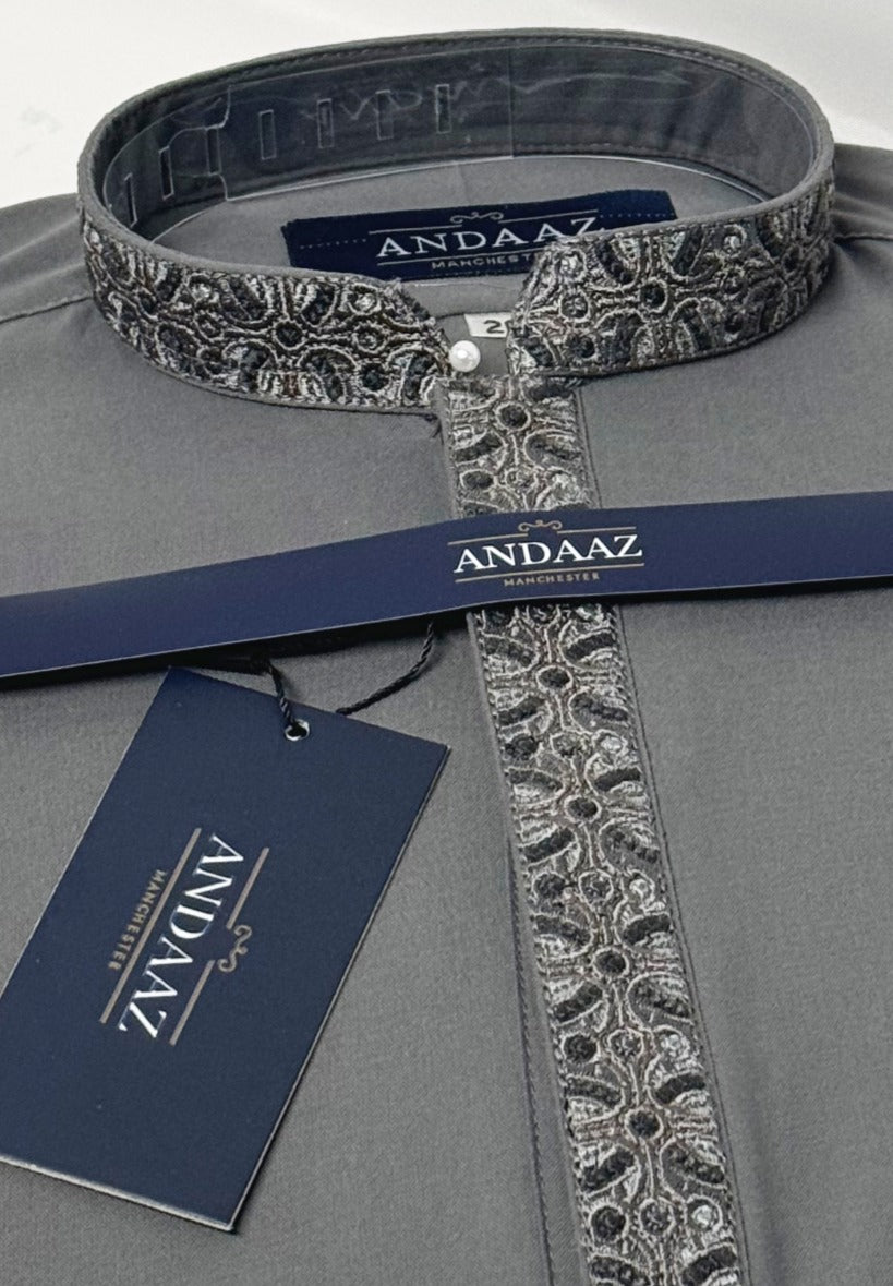 Boys Shalwar Kameez Grey 2 Placket Embroidery