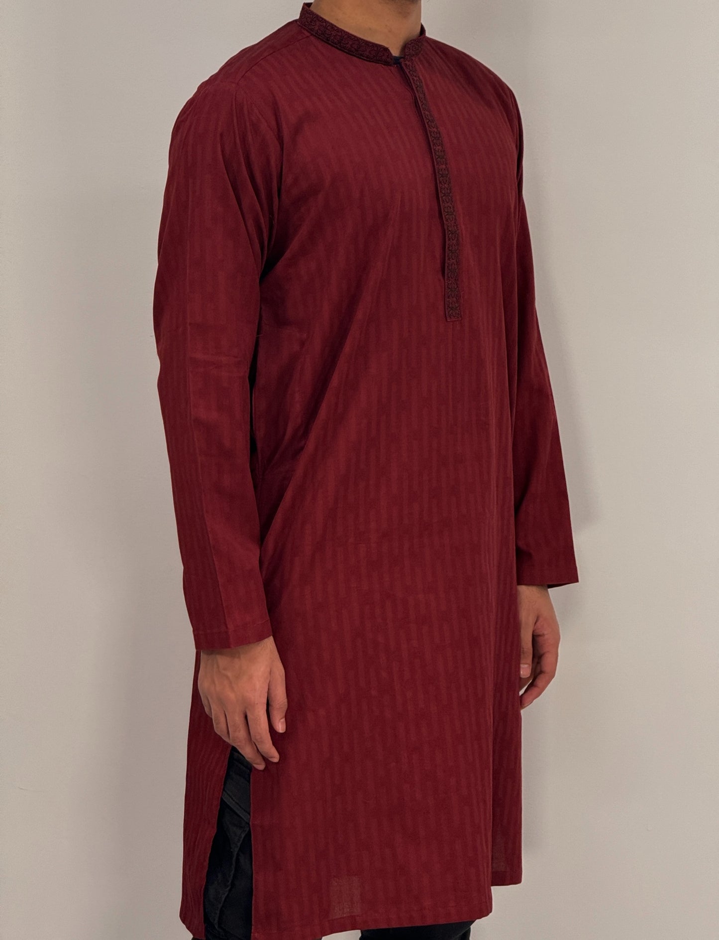 Men's Maroon Kurta with Placket Embroidery
