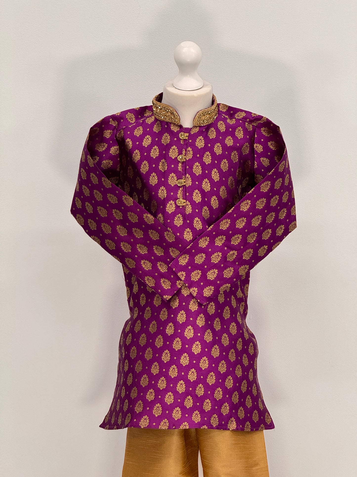 Boys Paisley Jamawar Kurta Pyjama Purple Gold
