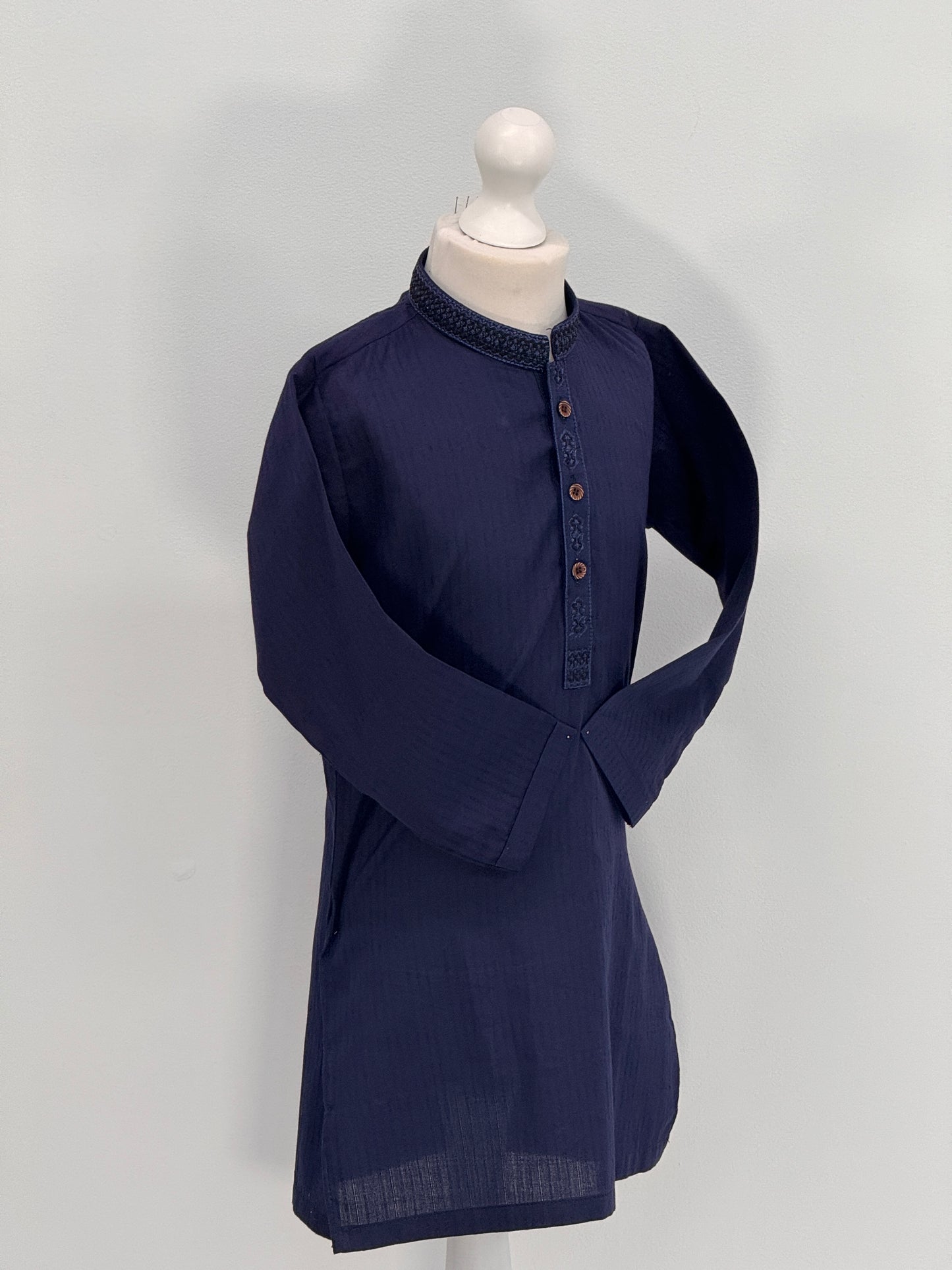Boys Navy Kurta with Placket Embroidery